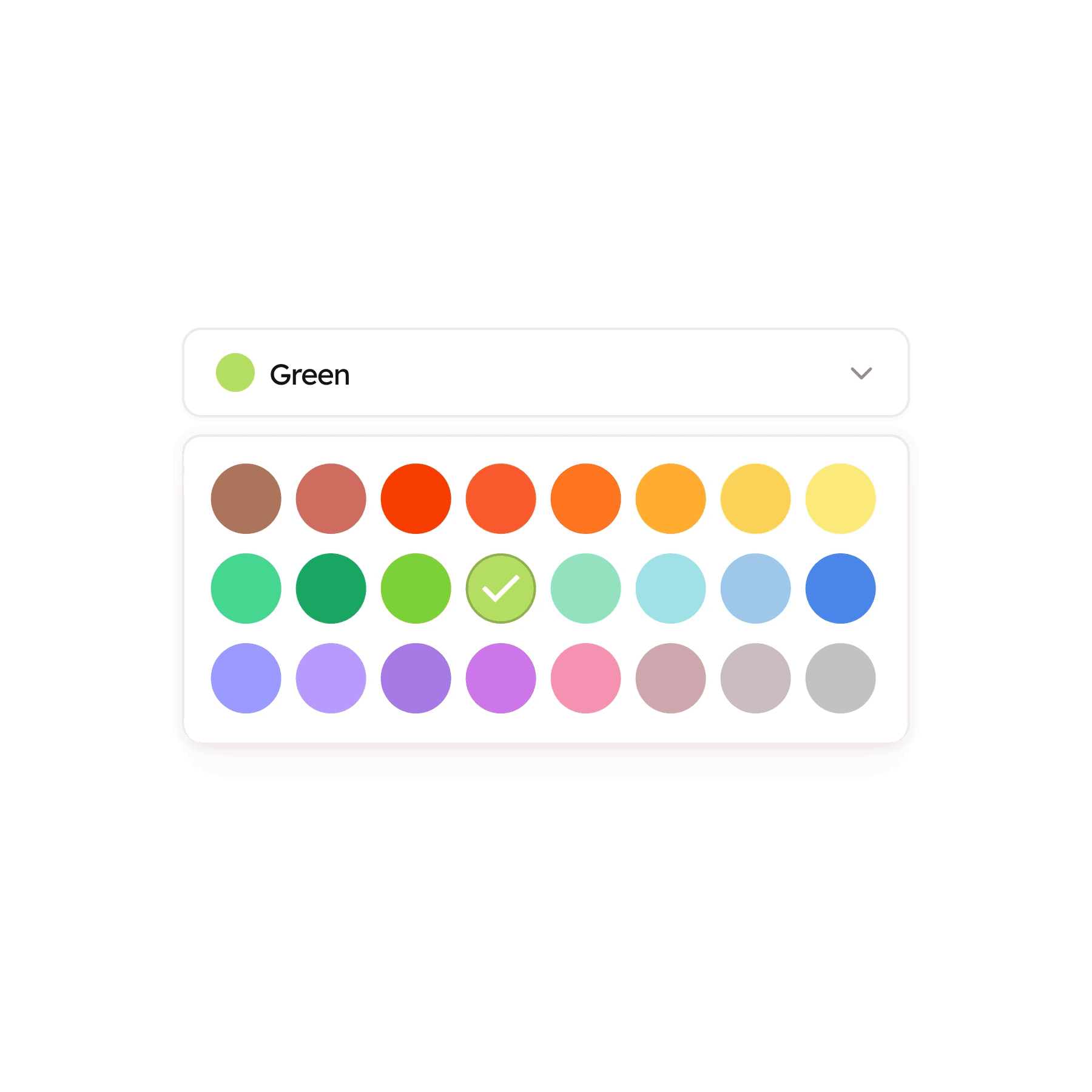 Color picker: a Green select field above a palette of 24 round swatches, the chosen green ticked