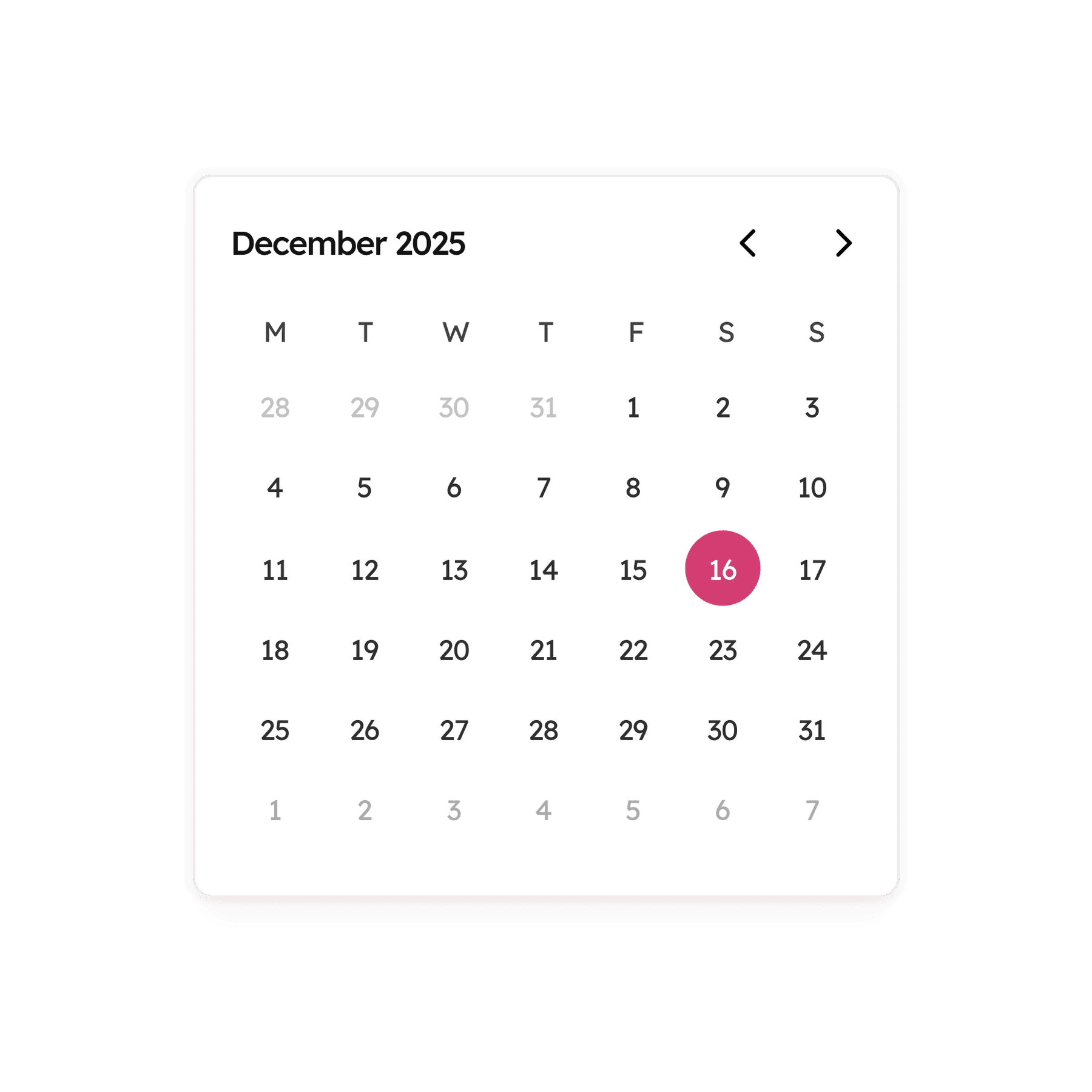 Date picker: December 2025 month grid with the 16th selected in Workamajig pink