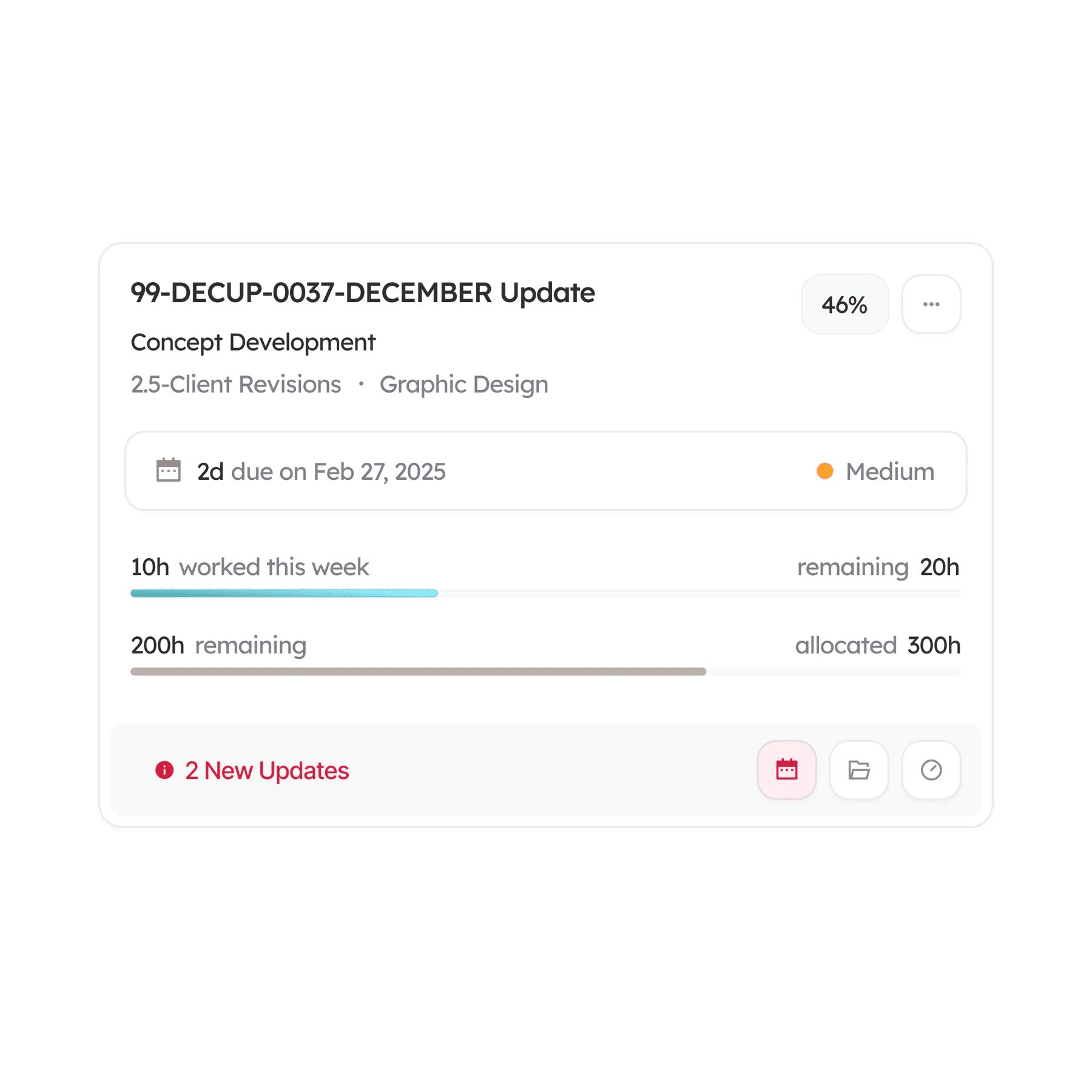 Task card from the Today page: project code and name, phase, due date with a Medium priority tag, hours worked this week against hours remaining, and 2 new updates