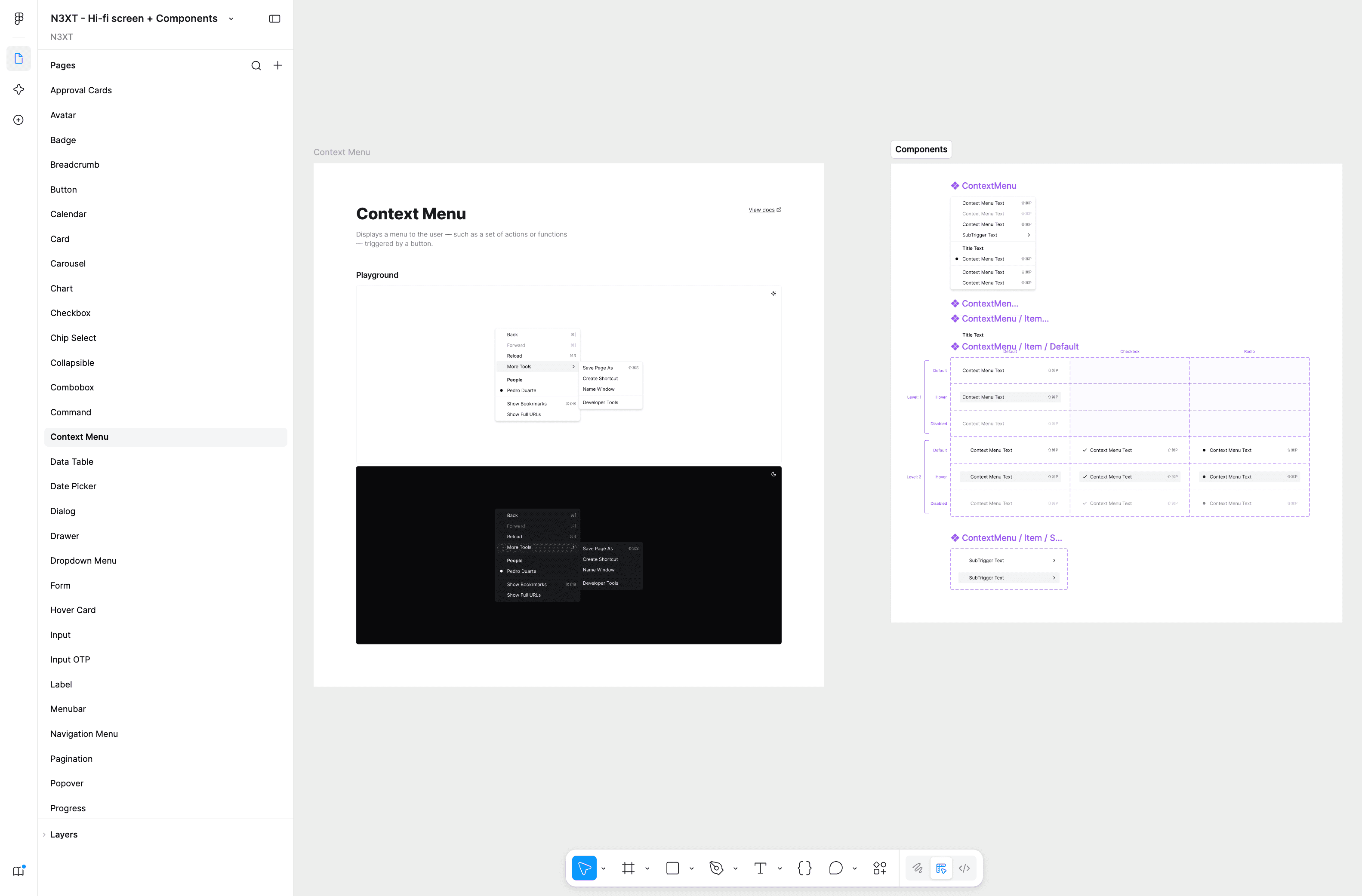 The N3XT context menu component in every state