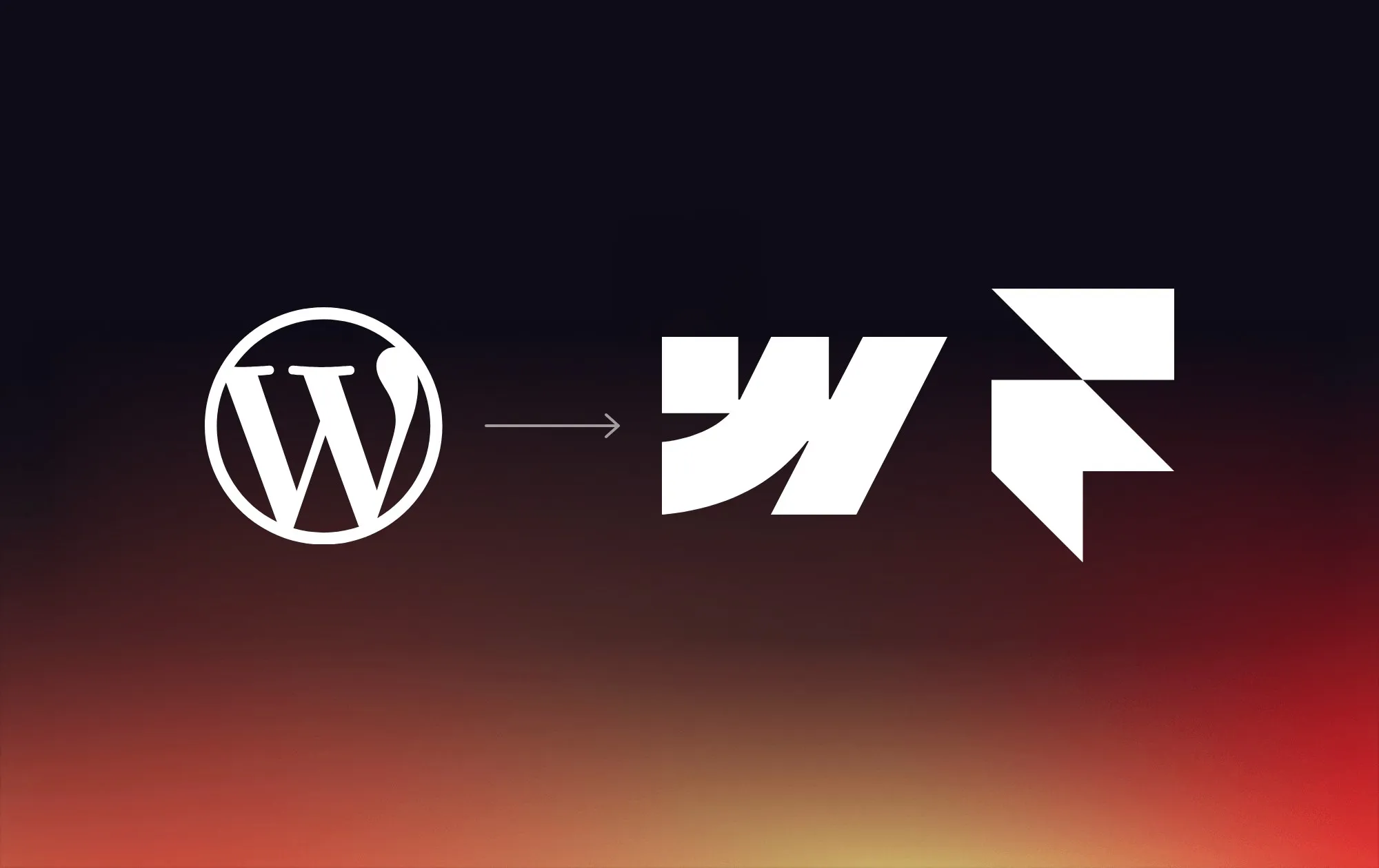 The WordPress logo with an arrow pointing to the Webflow and Framer logos