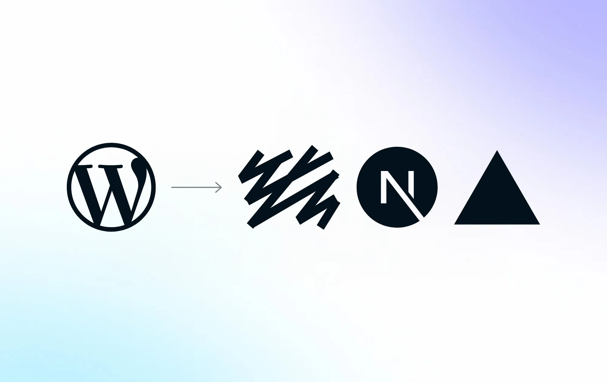 The WordPress logo with an arrow pointing to the Sanity, Next.js and Vercel logos