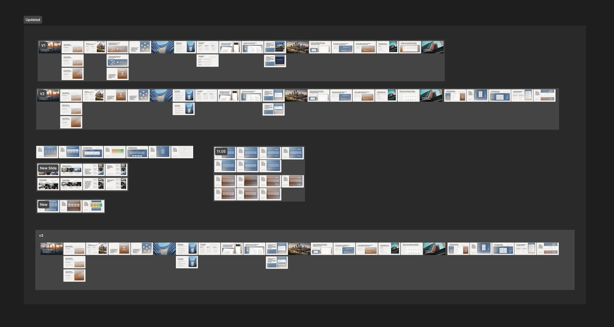 DesignMe agency deck in Figma: rows of slide thumbnails across several versions