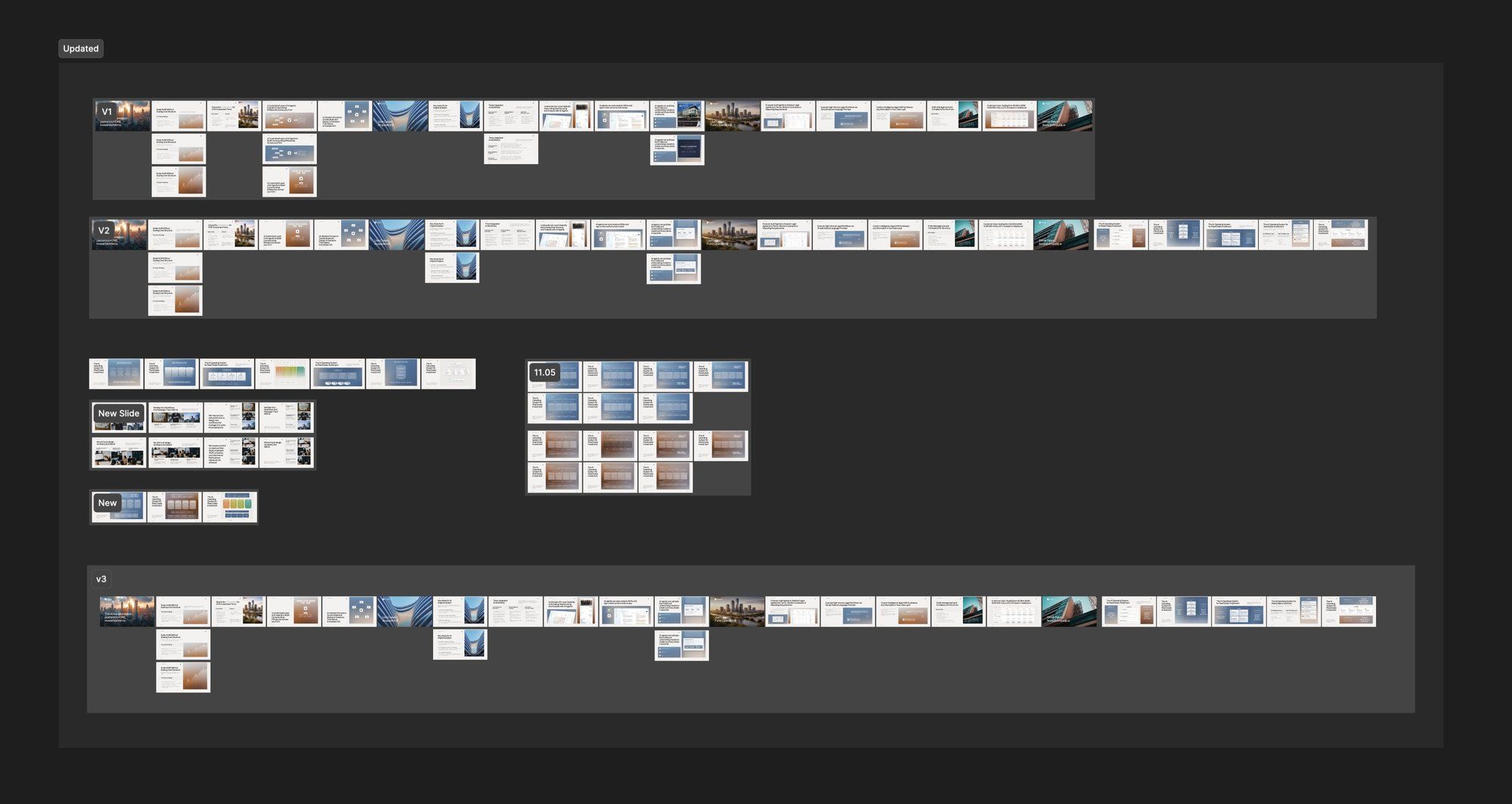 A pitch deck in Figma: rows of slide thumbnails across several versions