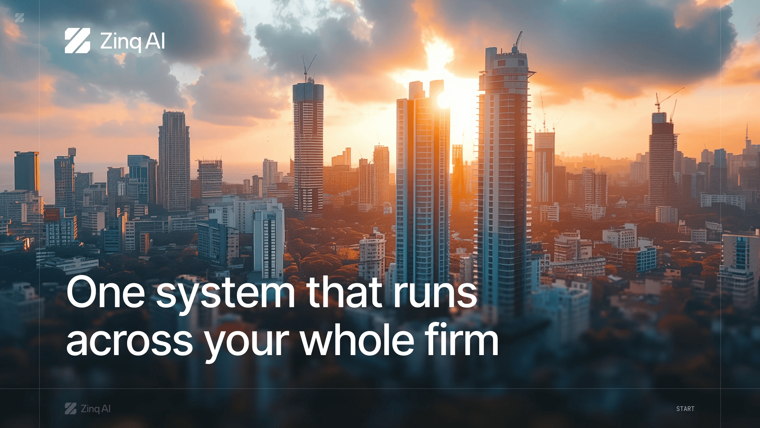 Sales deck cover: One system that runs across your whole firm, over a city skyline at sunset