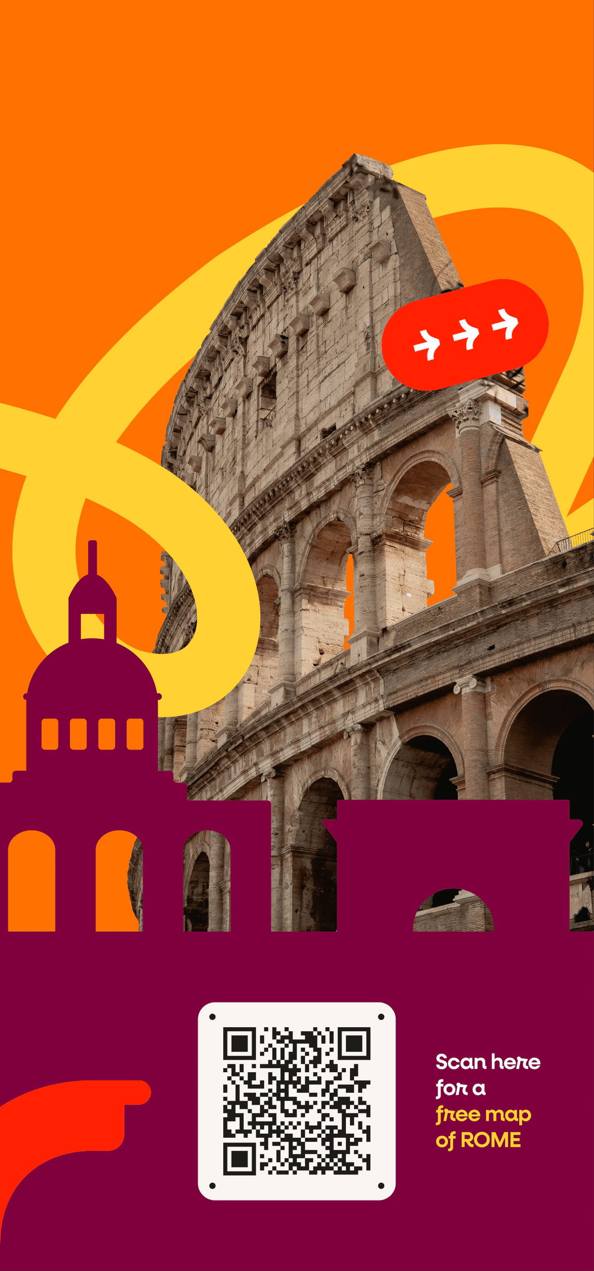 Kiosk poster: the Colosseum on orange with a QR code for a free map of Rome