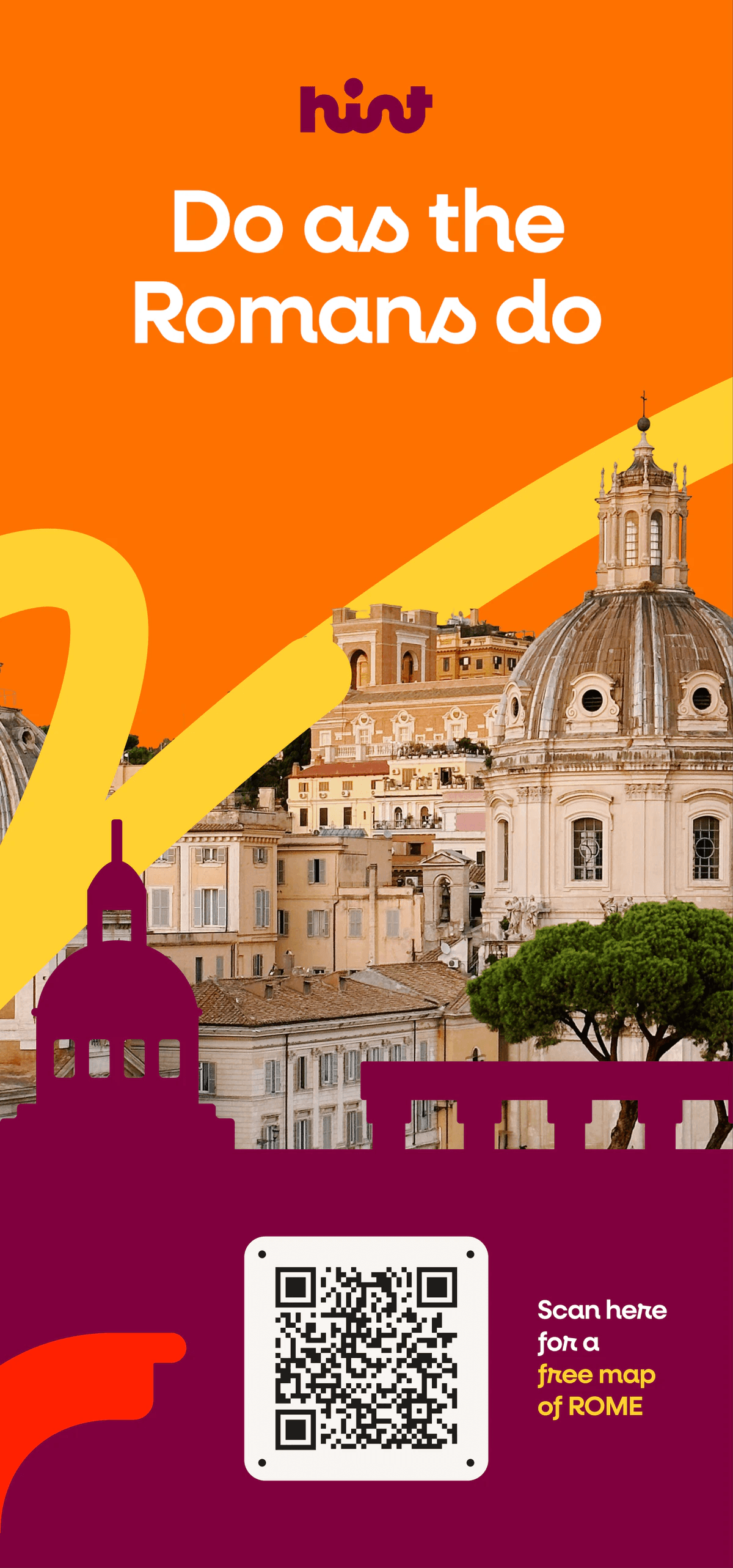 Kiosk poster: Do as the Romans do, with Rome rooftops and a QR code for a free map