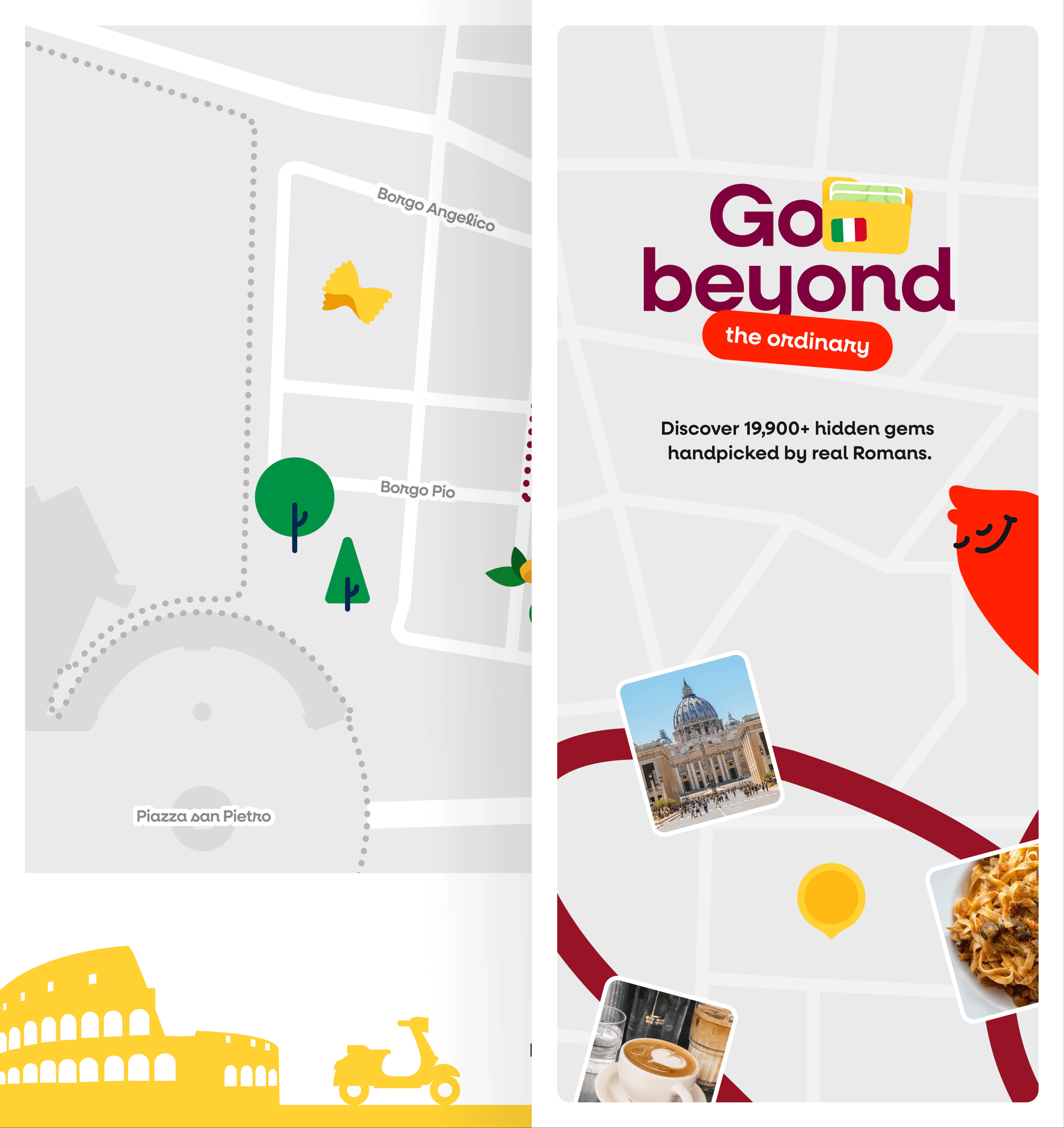 The fold-out Rome map half open: the streets around Piazza San Pietro next to a Go beyond the ordinary panel with photos of the city