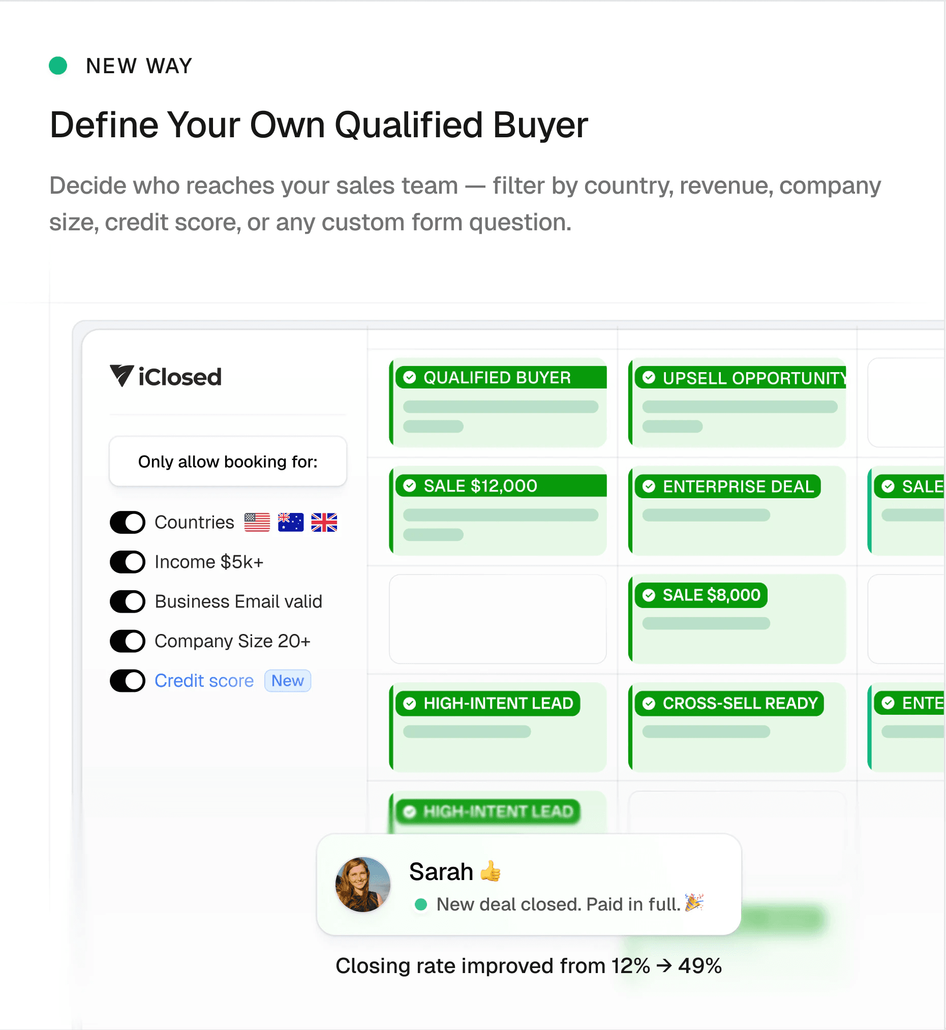 Explainer storyboard, lead qualification, new way: an iClosed calendar filtered by country, income and company size