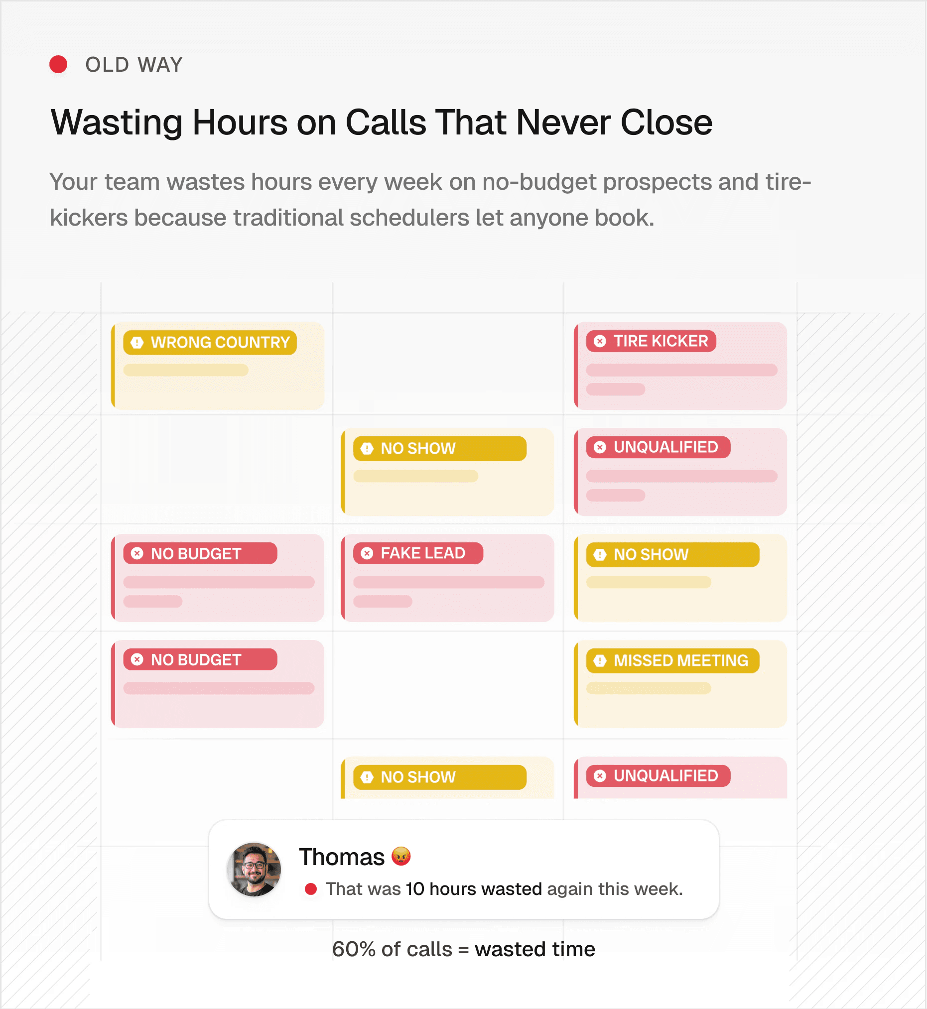 Explainer storyboard, lead qualification, old way: a calendar full of no-budget and no-show bookings