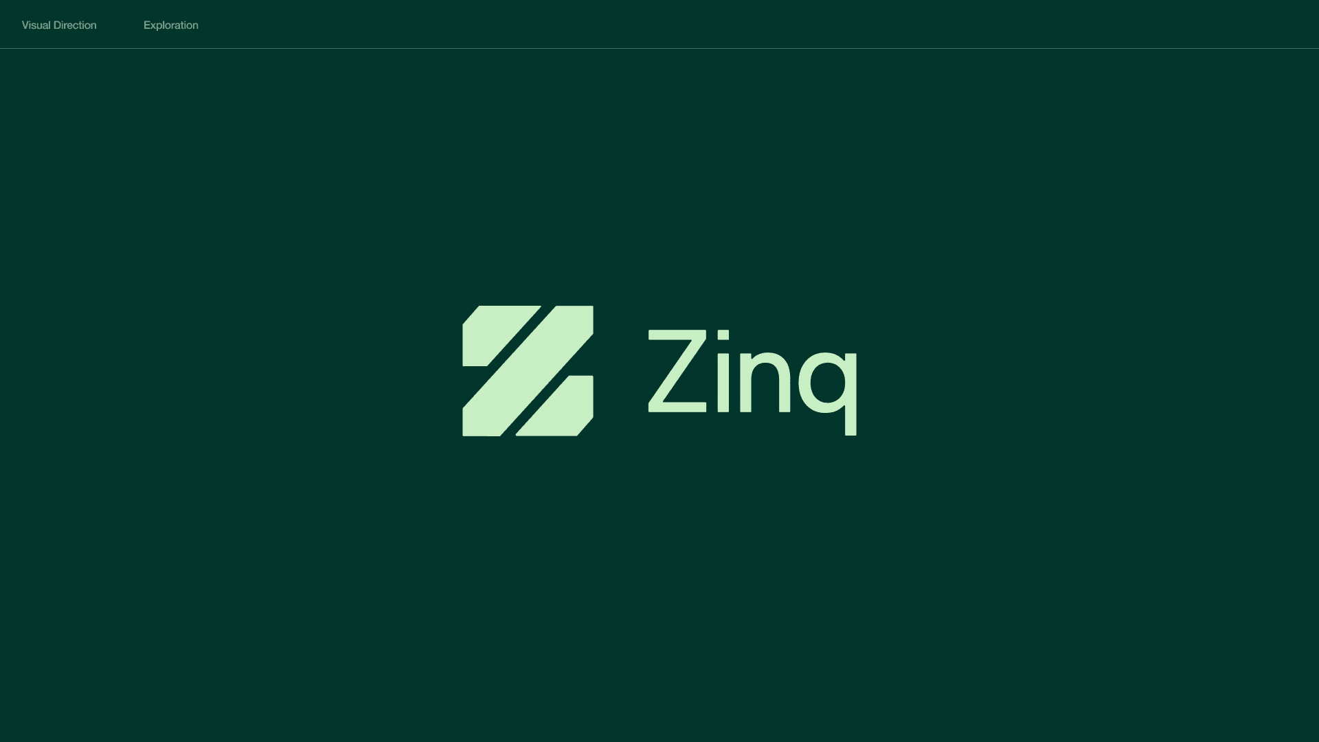 Brand exploration B: a Z made of two slanted strokes next to the wordmark Zinq in pale green on dark green