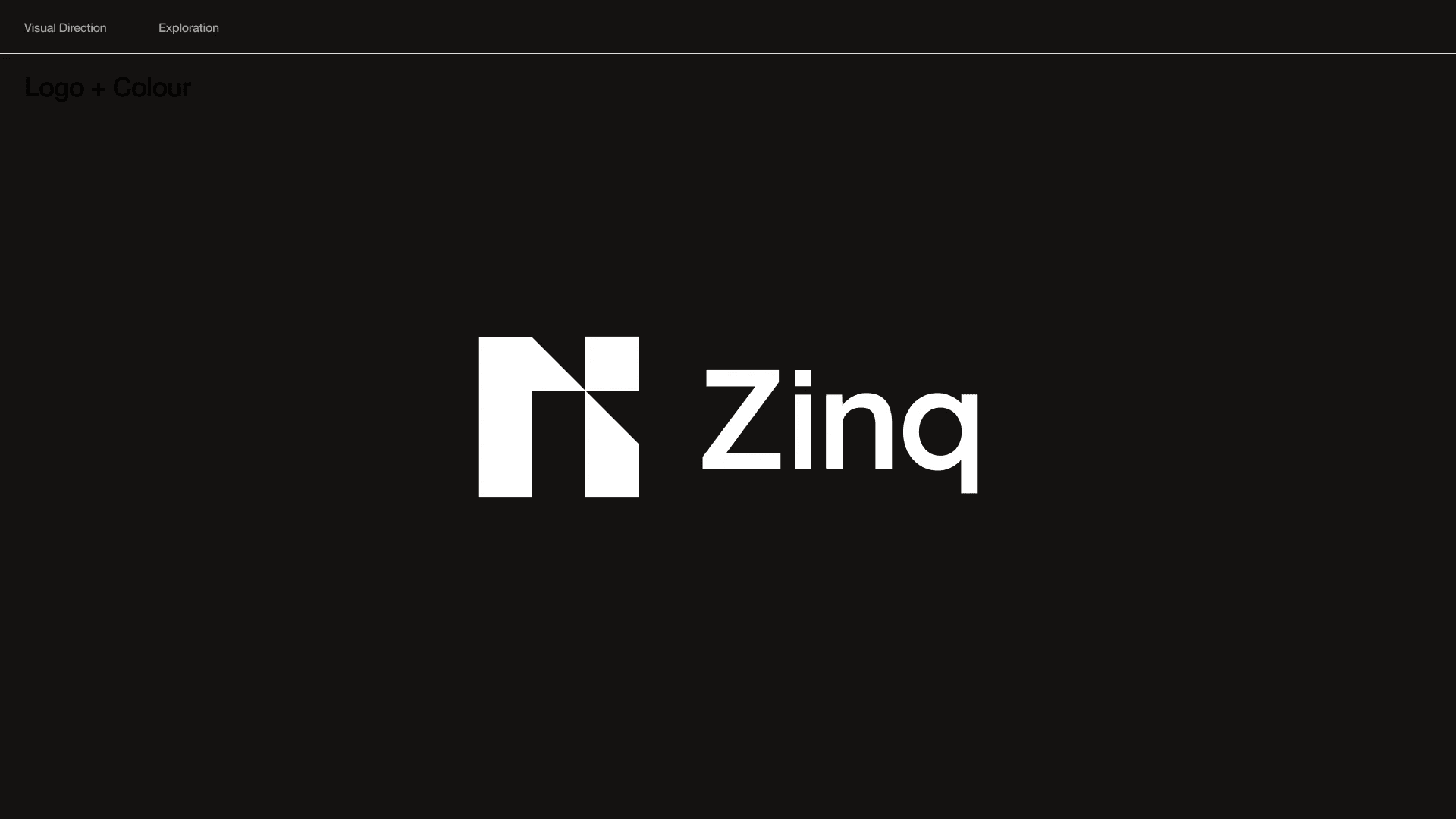 Brand exploration C: a blocky N-shaped mark and the wordmark Zinq in white on black