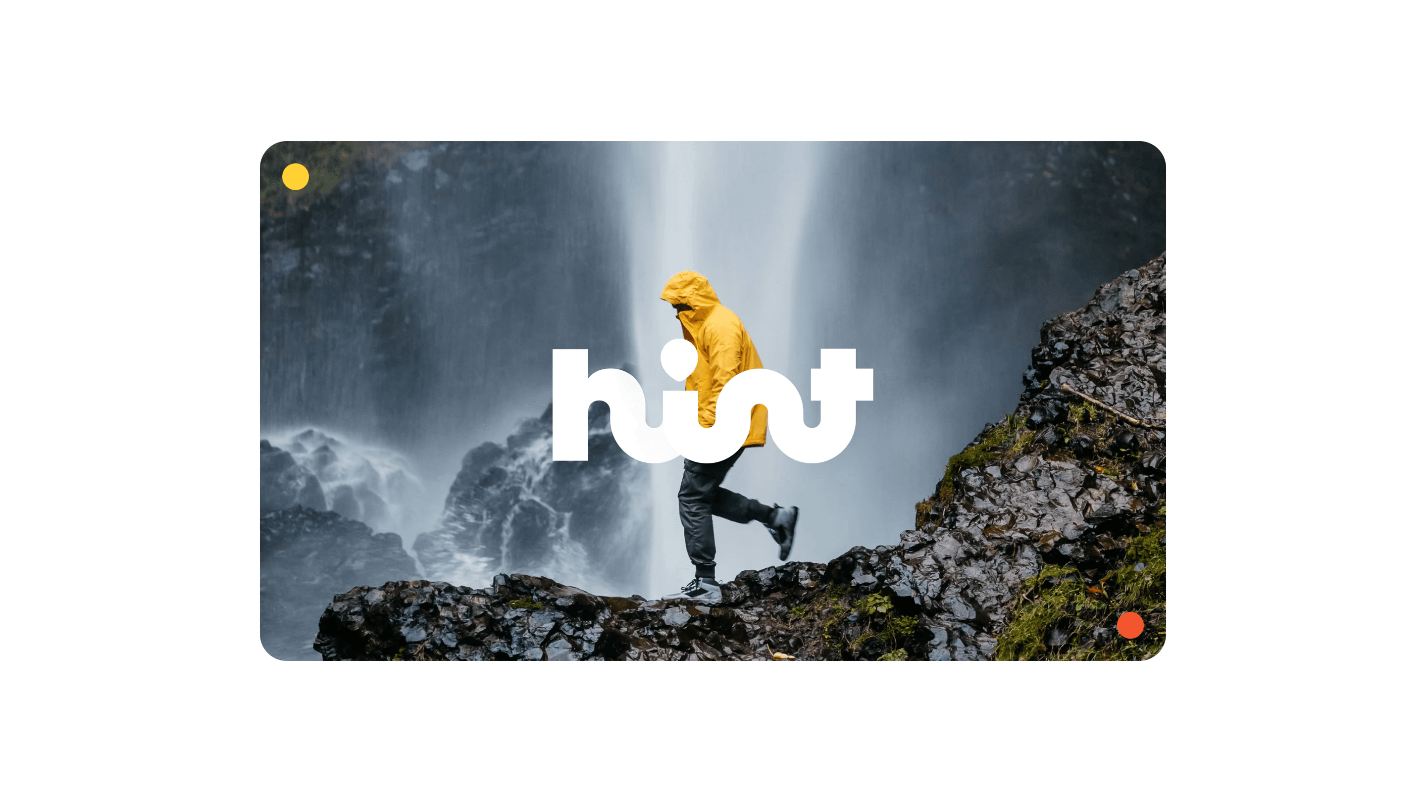 Launch film storyboard: the hint wordmark over a photo of a hiker by a waterfall