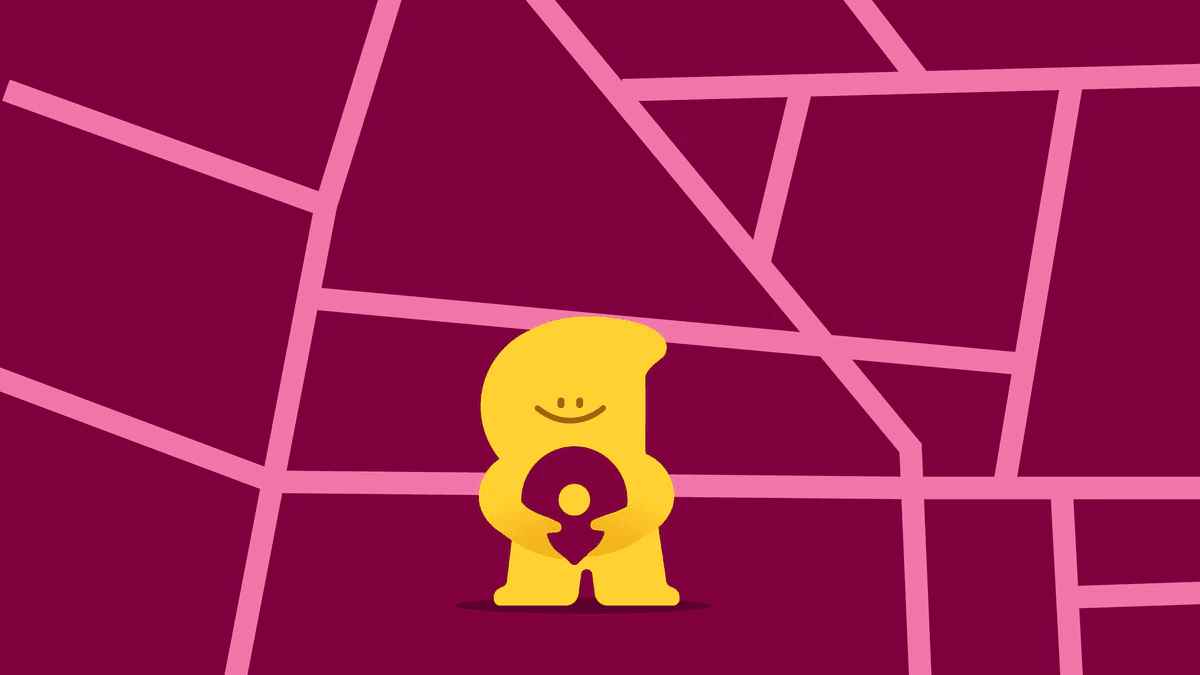 Launch film storyboard: the yellow mascot holding a map pin on a burgundy street map