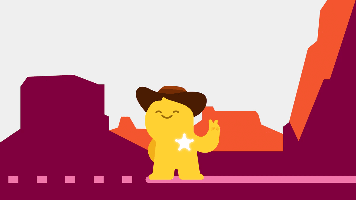 Launch film storyboard: the mascot in a cowboy hat in front of desert rocks