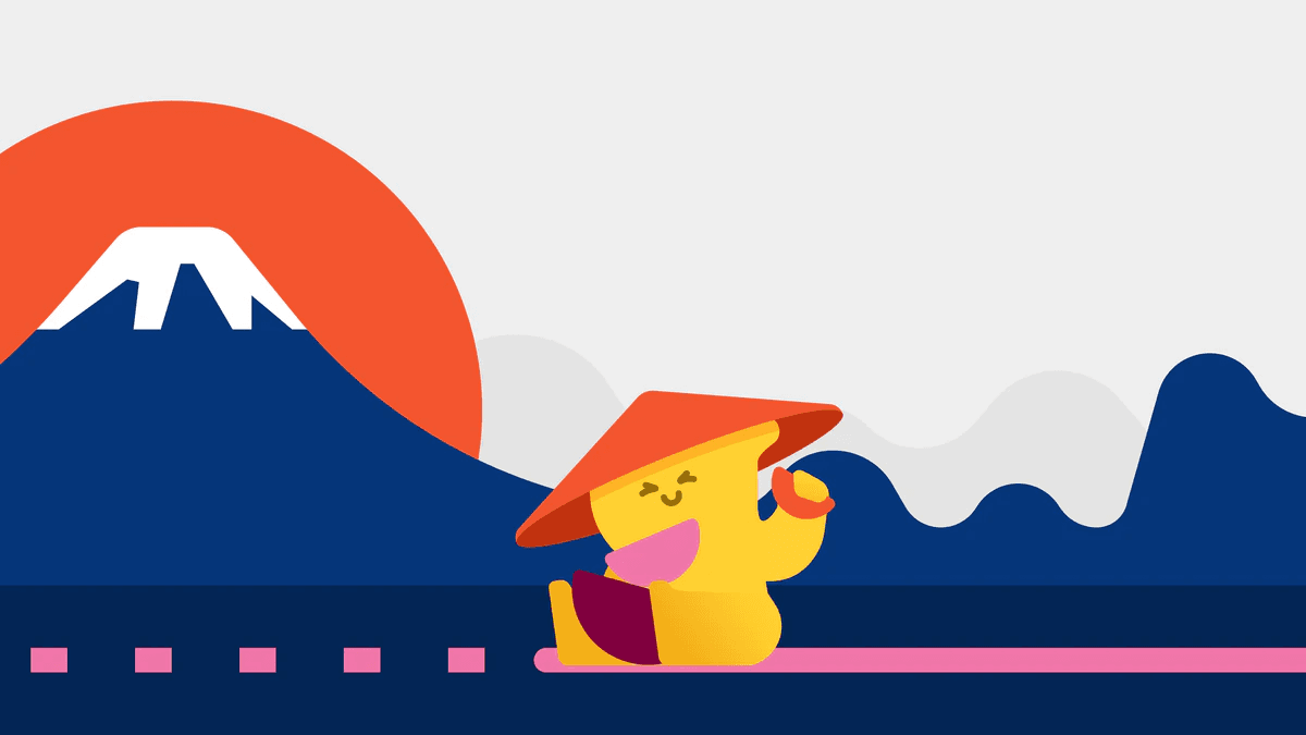Launch film storyboard: the mascot in a straw hat in front of Mount Fuji