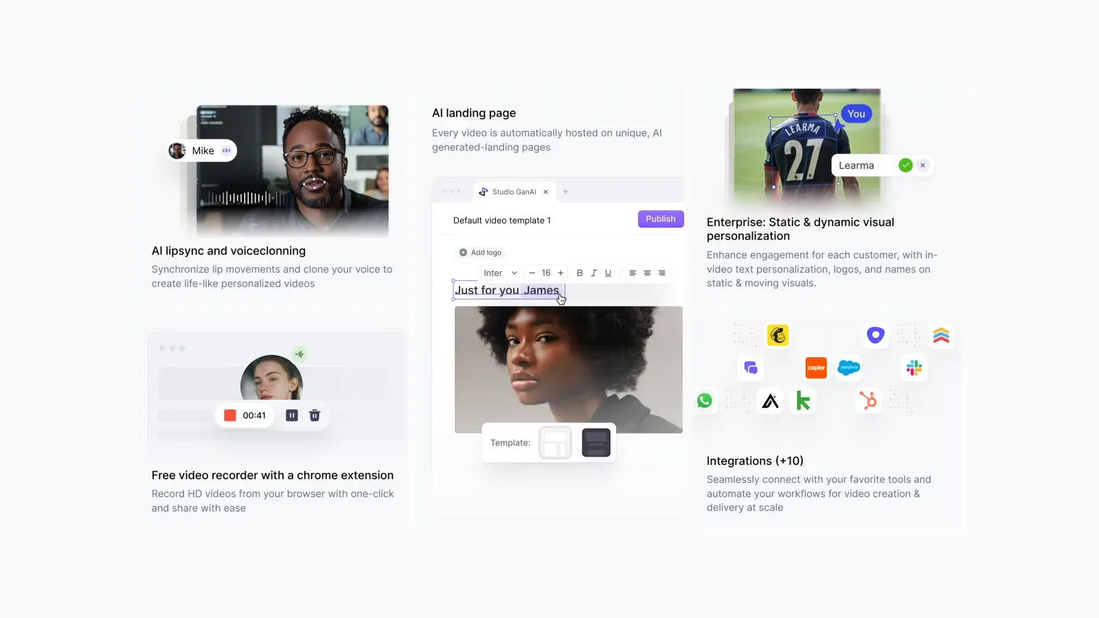 Gan.ai feature screens designed by DesignMe: AI lipsync and voice cloning, a video recorder Chrome extension, an AI landing page editor, static and dynamic visual personalisation, and integrations