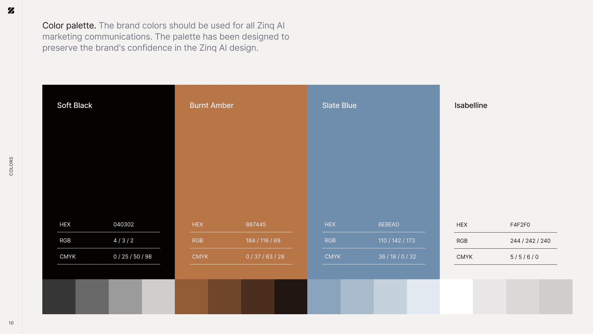 Brand guide colour palette: Soft Black, Burnt Amber, Slate Blue and Isabelline with their values and tints