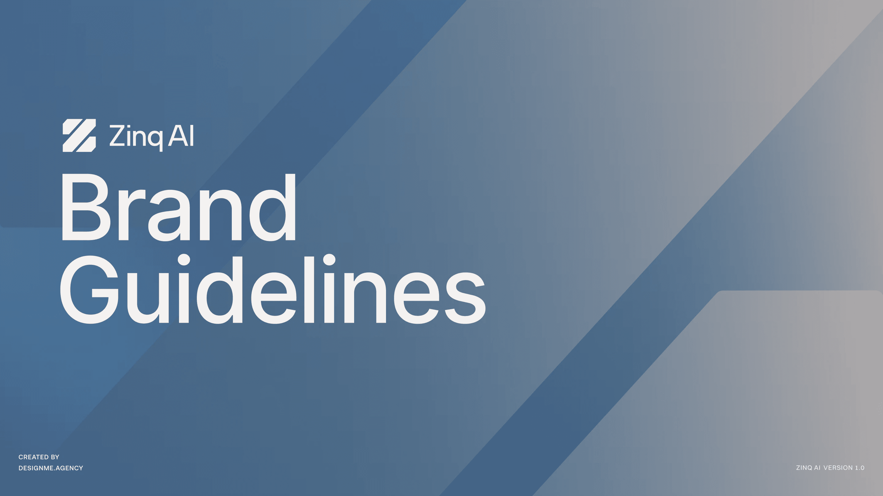 Zinq AI brand guidelines cover in white on a steel blue gradient with a large diagonal Z shape