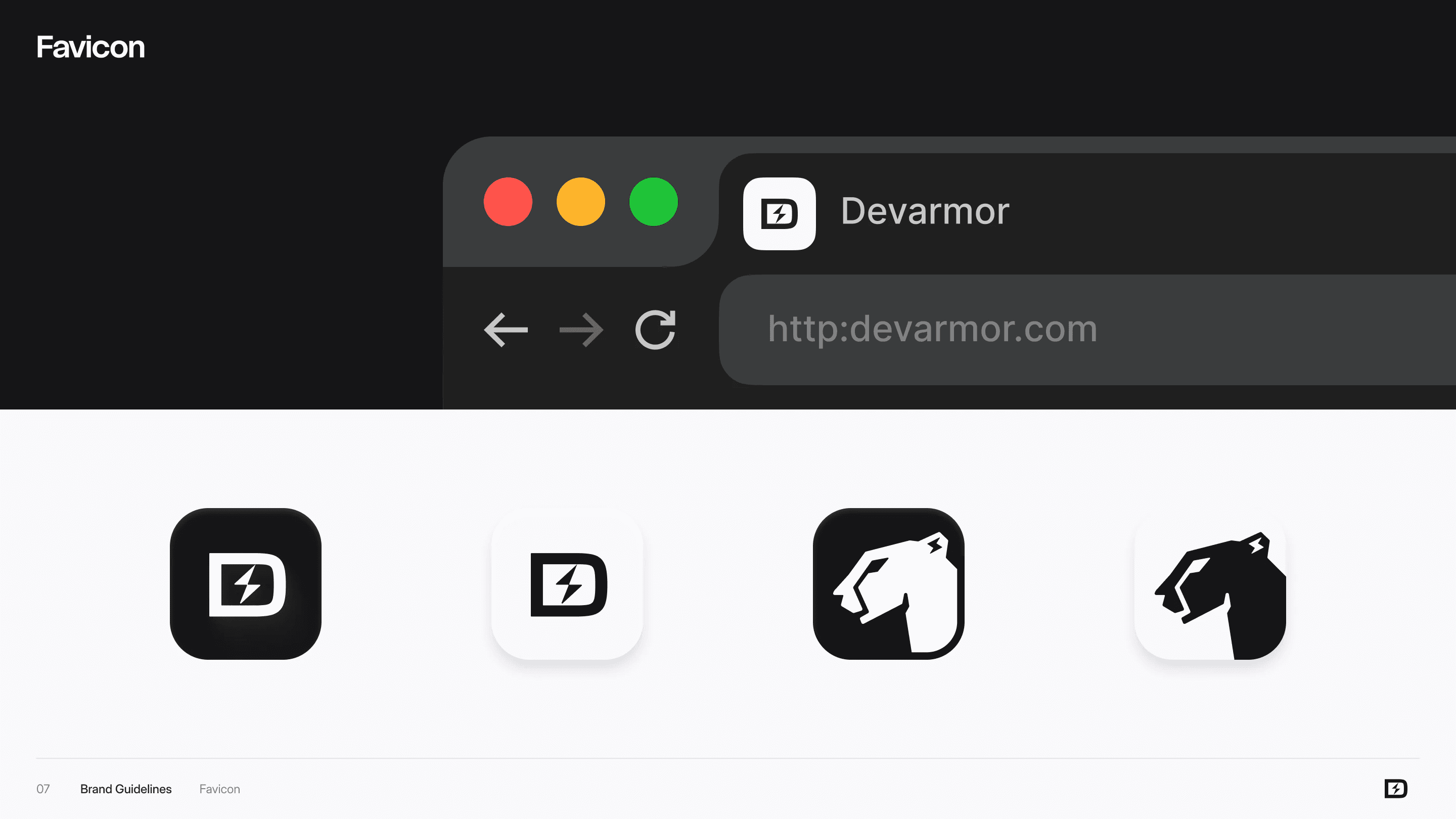 Brand guide: the favicon in a browser tab and as app icons in black, white and the cheetah head