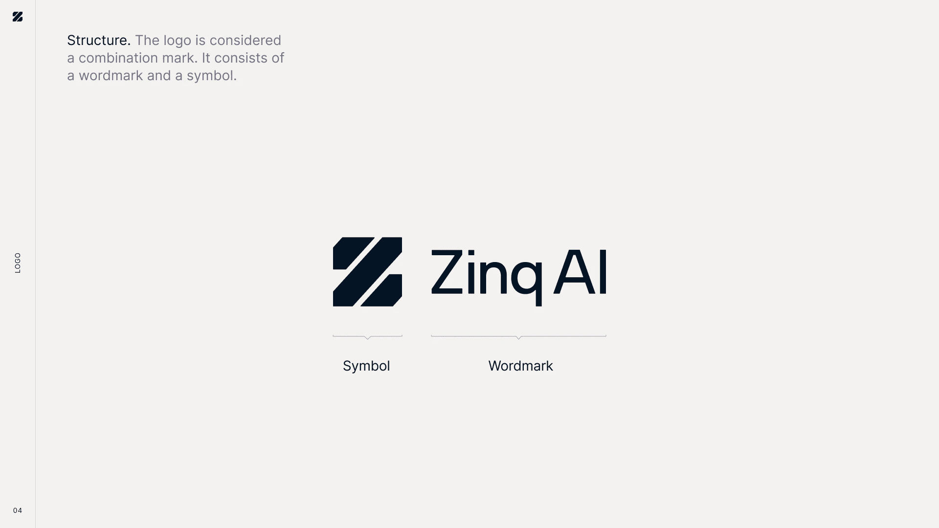 Brand guide: the Zinq AI logo, a Z symbol next to the wordmark, labelled symbol and wordmark