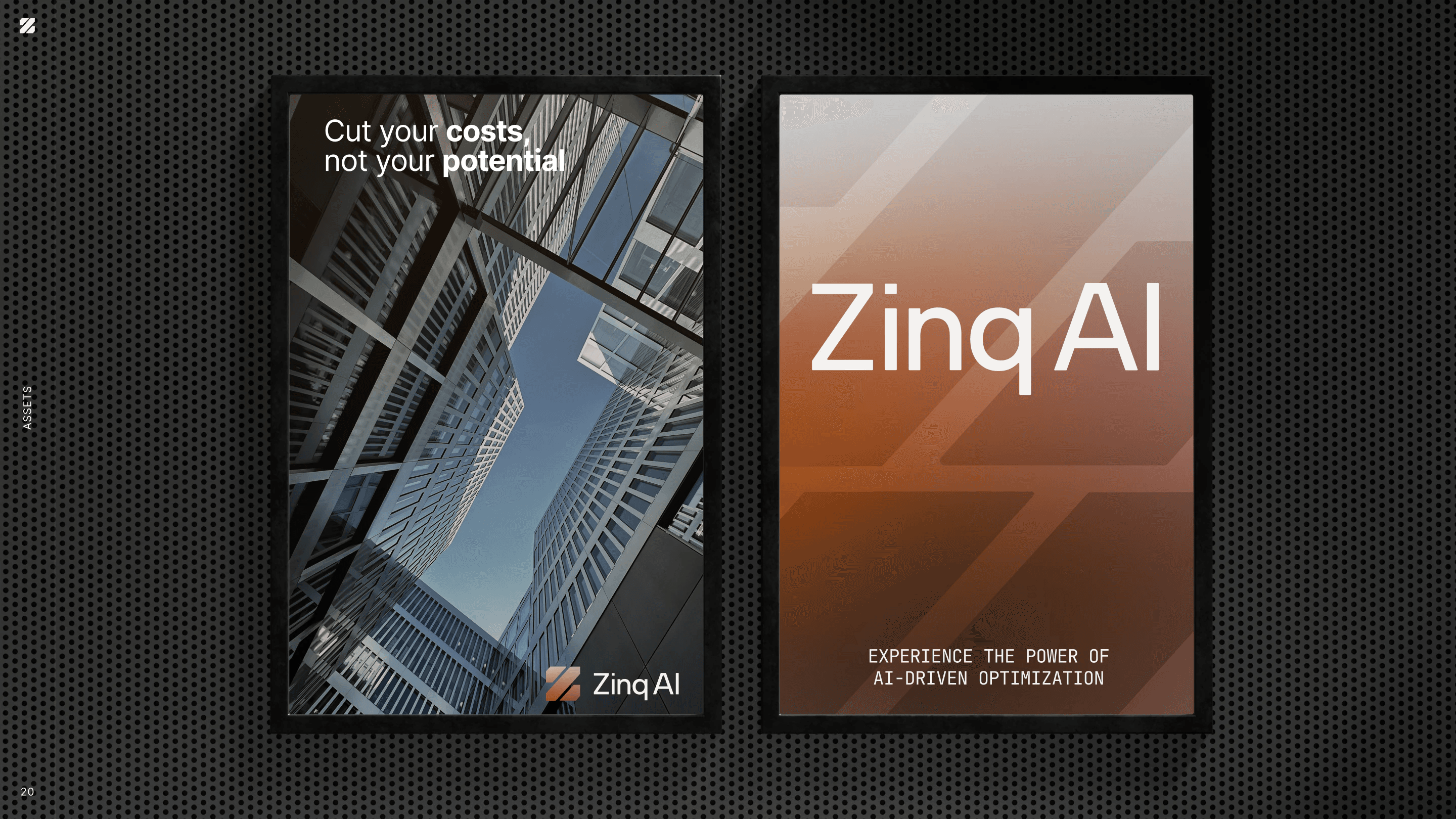 Brand guide assets: two framed posters on a dark wall, a glass tower and the Zinq AI logo on a copper gradient
