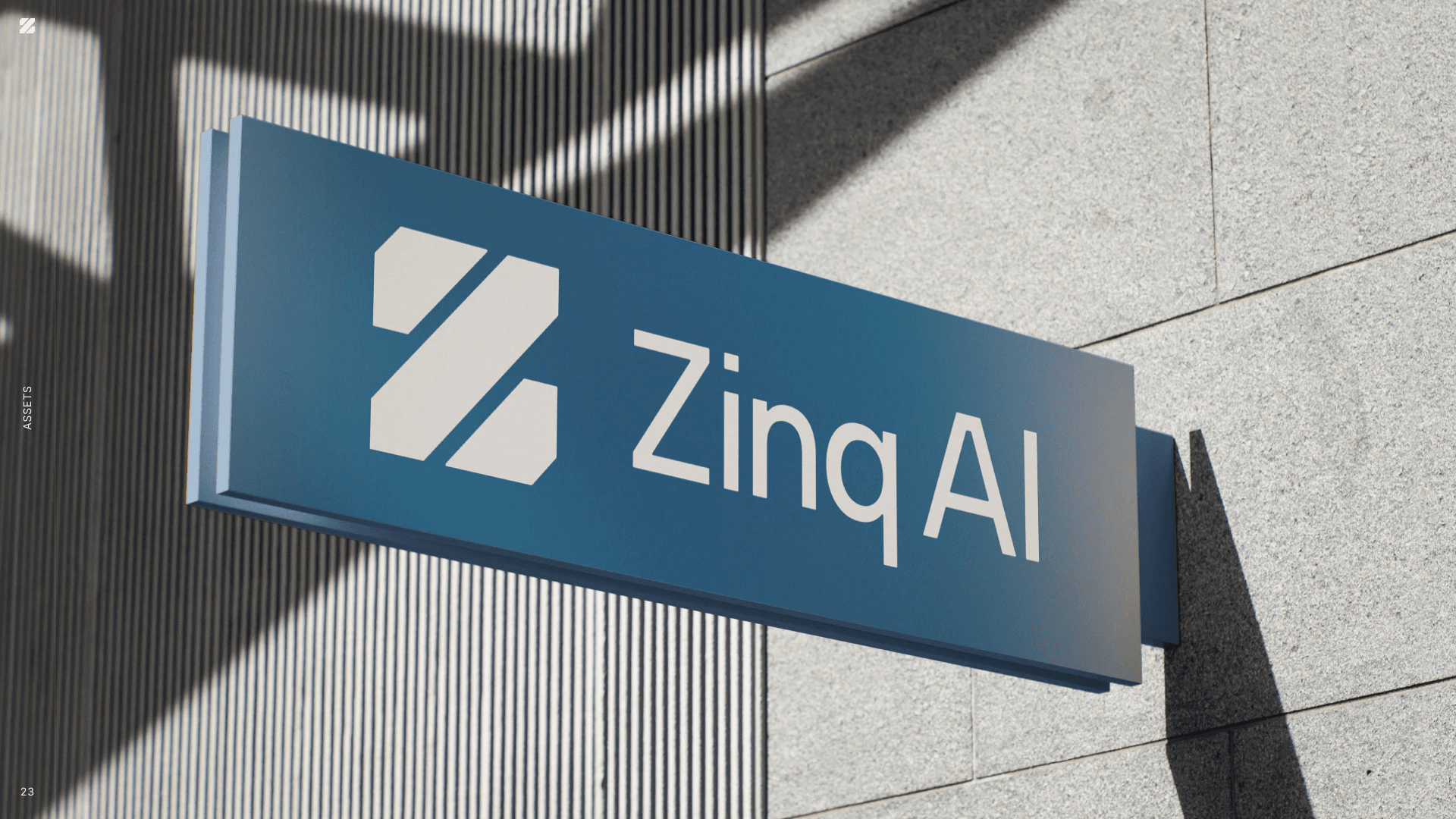 Brand guide assets: a steel blue sign with the Zinq AI logo on a concrete wall