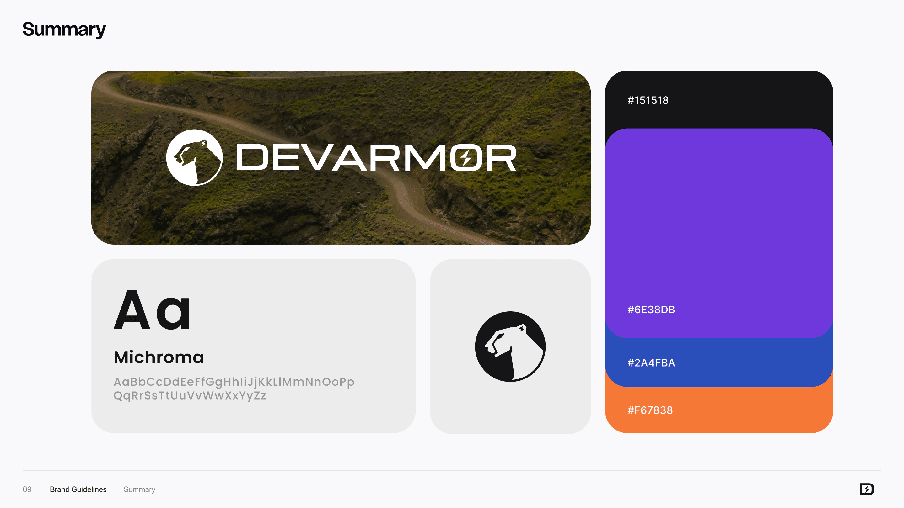 Brand guide summary: the logo over a photo of green hills, the Michroma typeface and the colors #151518, #6E38DB, #2A4FBA and #F67836