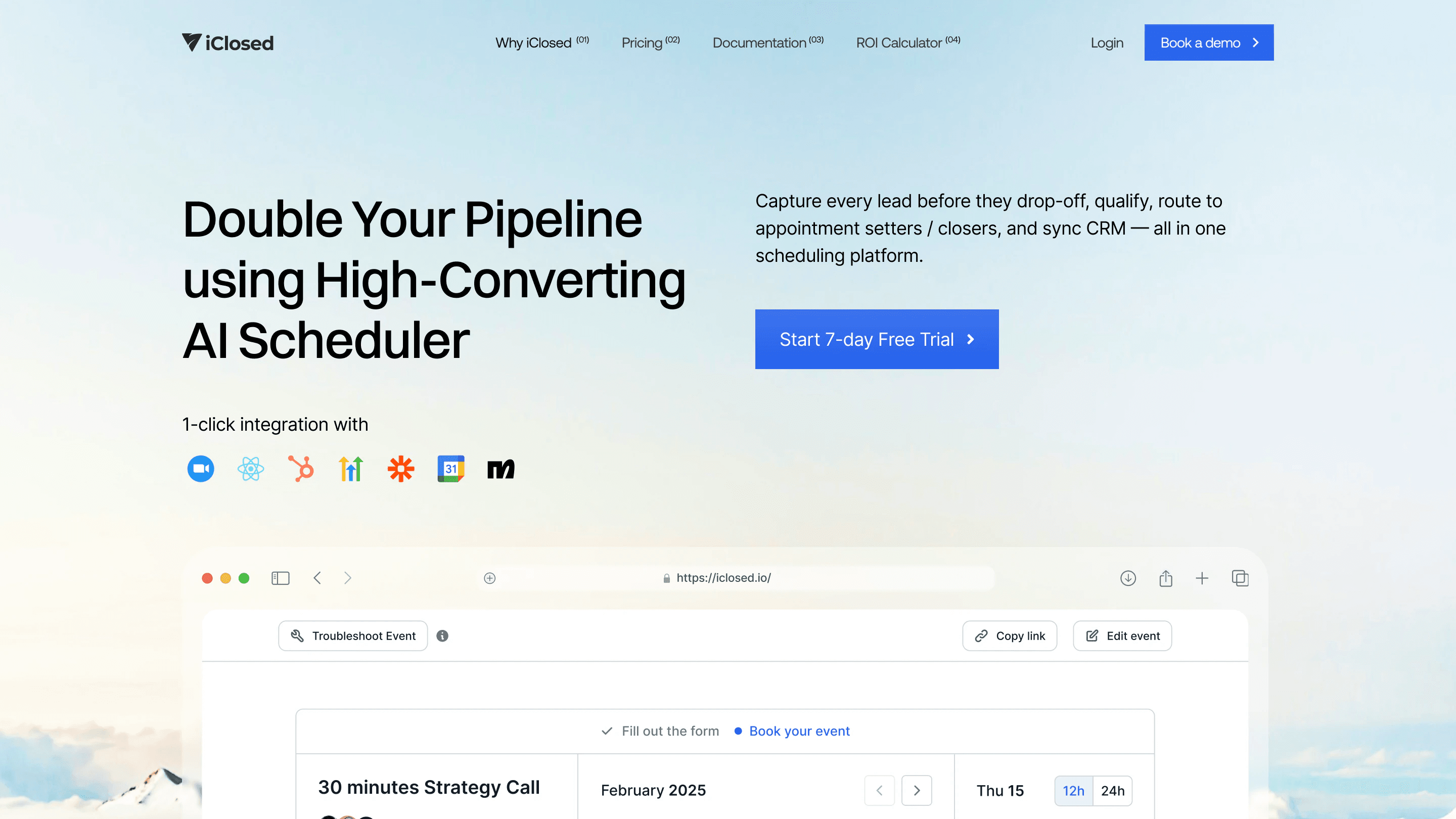 Hero inspiration: Double Your Pipeline using High-Converting AI Scheduler on a pale sky photo, with a blue free trial button, integration icons and the scheduler in a browser window below