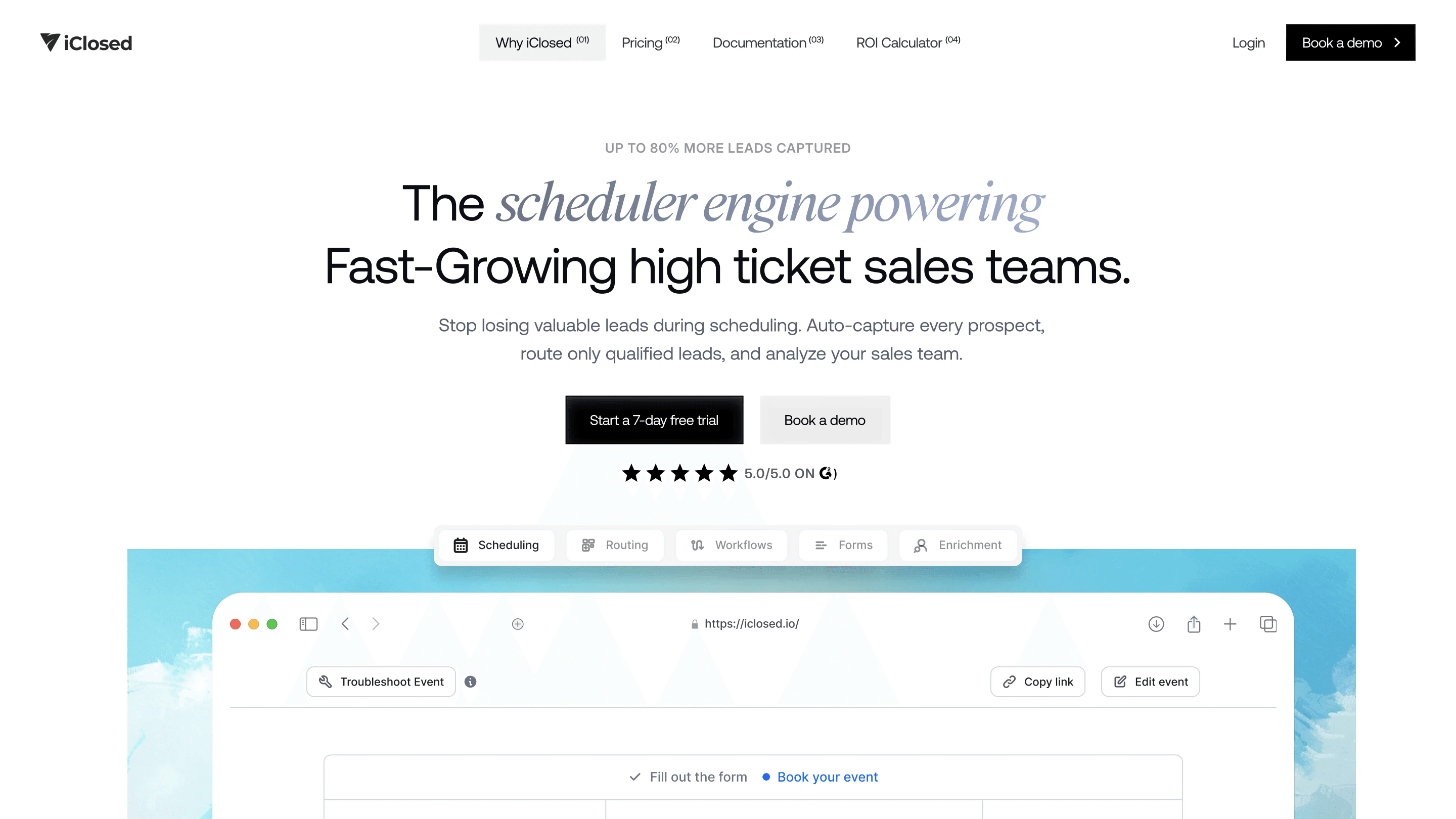 Hero inspiration: the same headline centred, with product tabs above the scheduler set on a painted blue sky