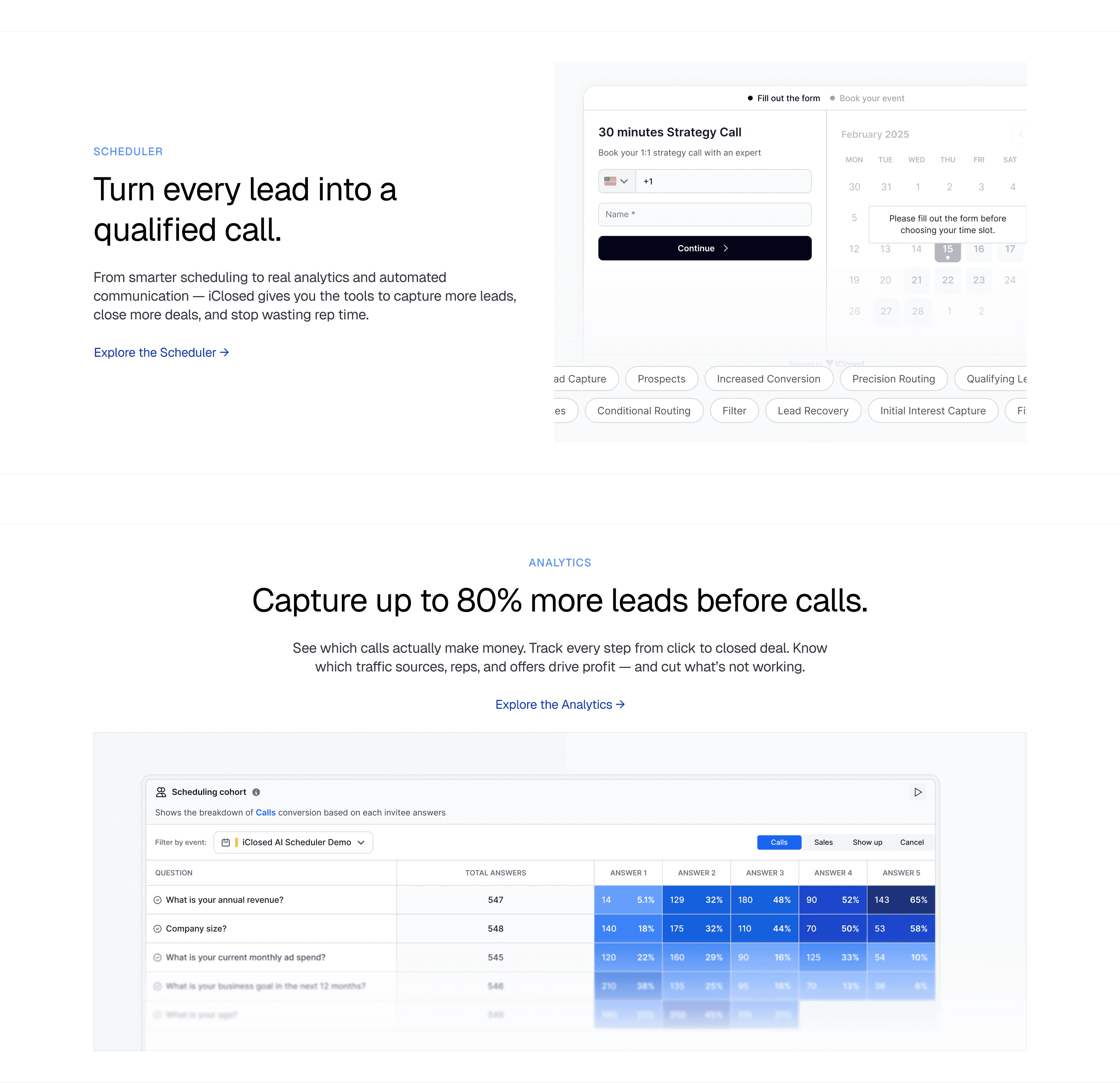 Homepage product sections: the scheduler, with the booking form asking for details before the calendar, above Analytics and a scheduling cohort table of answers against call conversion