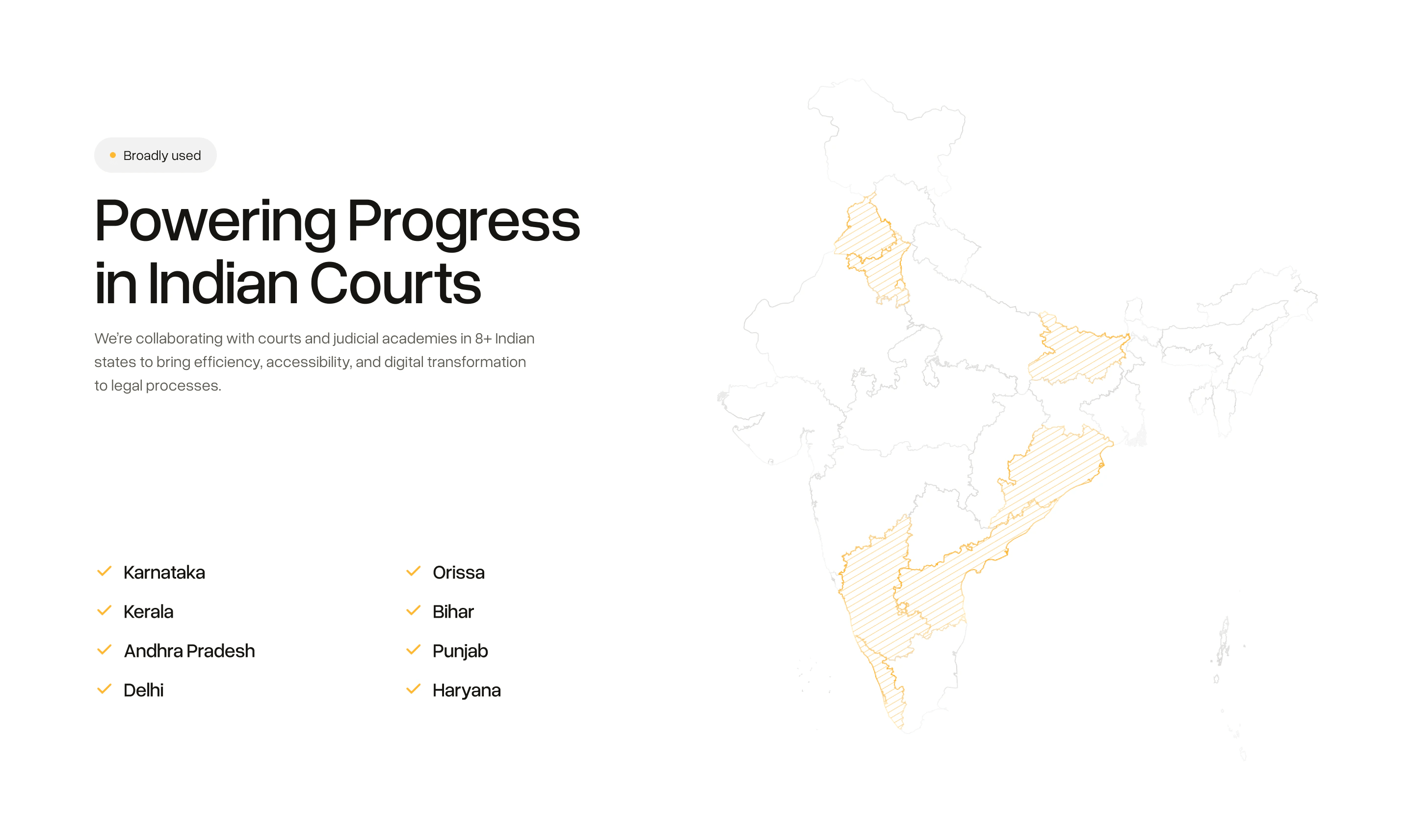 Impact page: Powering Progress in Indian Courts, with a map of the Indian states using Adalat AI