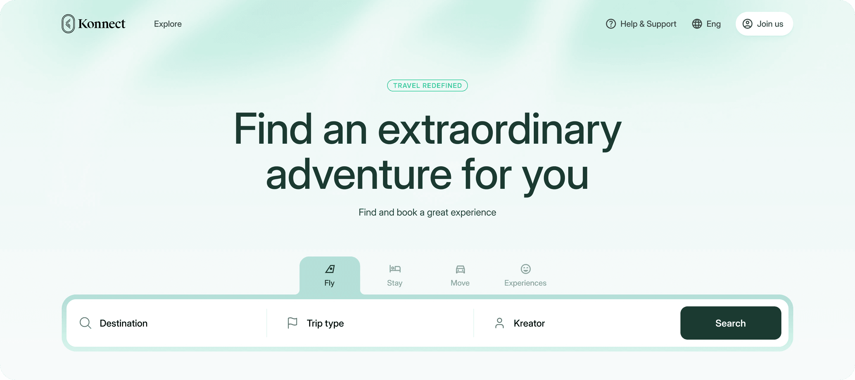 ViaKonnect landing page: Find an extraordinary adventure for you, with a search bar and tabs for flights, stays, transport and experiences