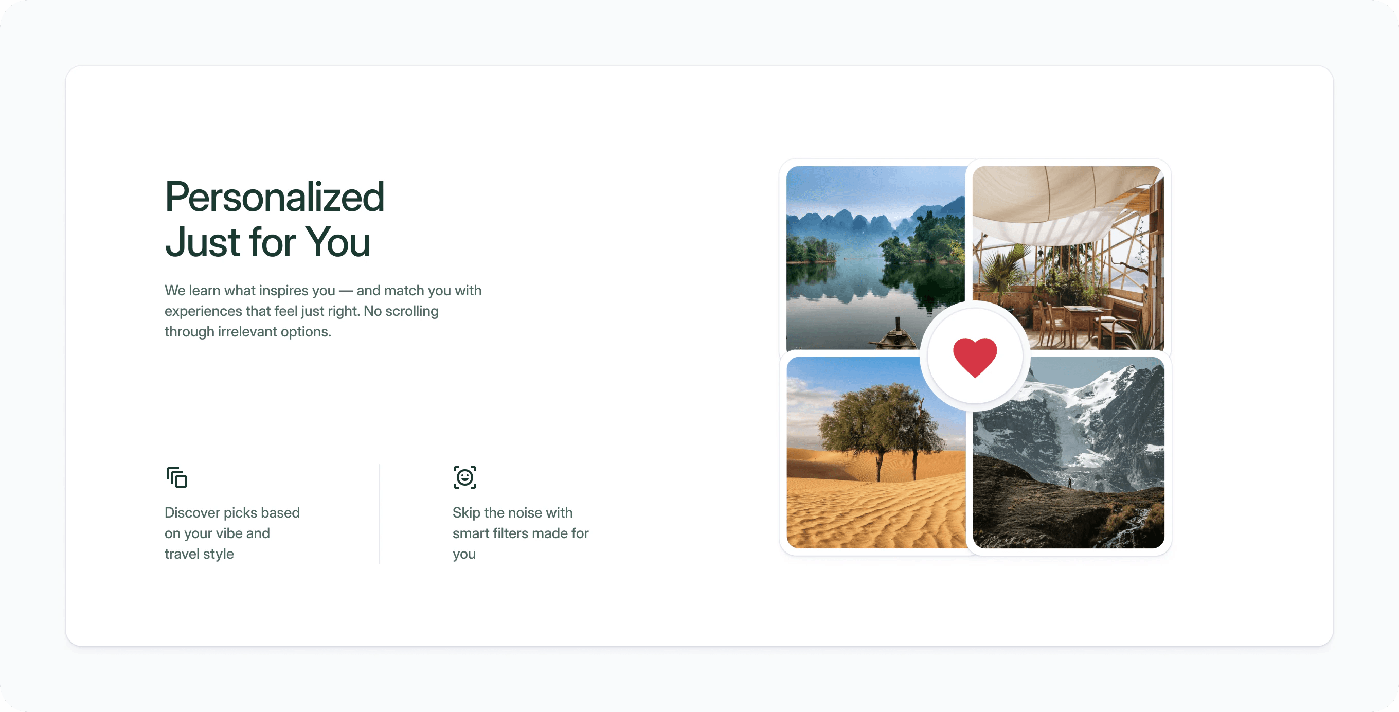 Landing page section Personalized just for you, with a grid of liked destination photos