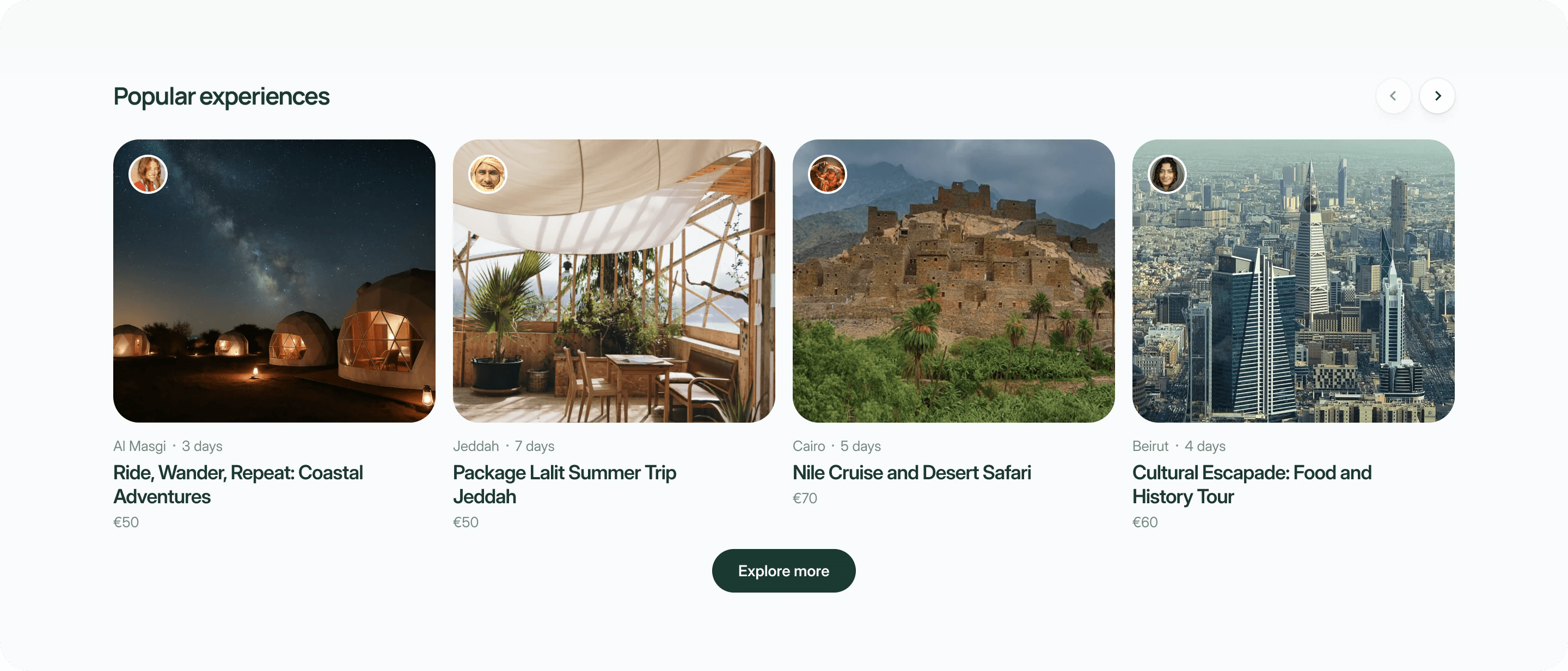 Landing page section Popular experiences: creator trips in Al Masgi, Jeddah, Cairo and Beirut with prices
