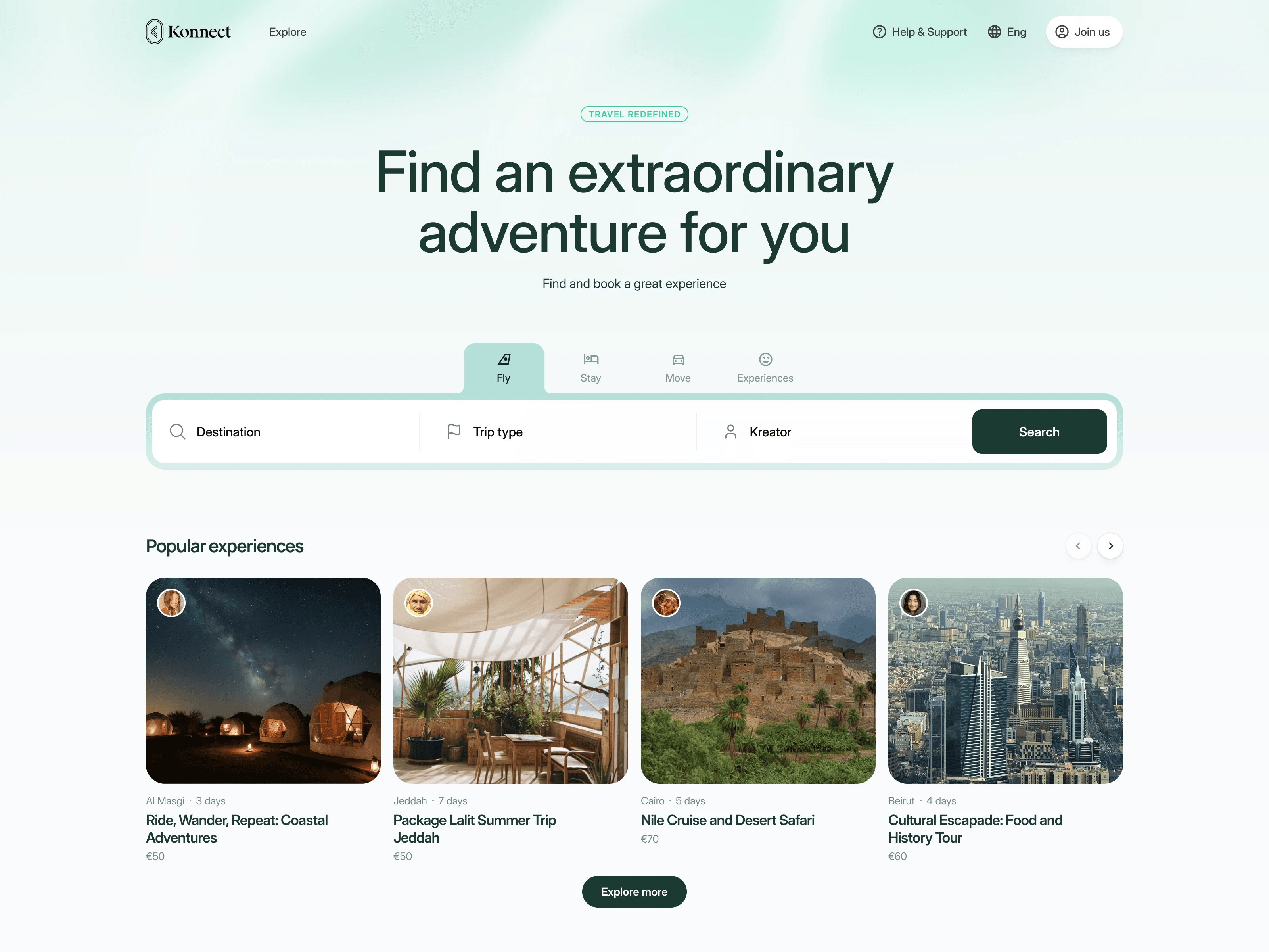 Top of the traveler landing page: Find an extraordinary adventure for you, a search bar with flight, stay, move and experience tabs, and Popular experiences from local creators