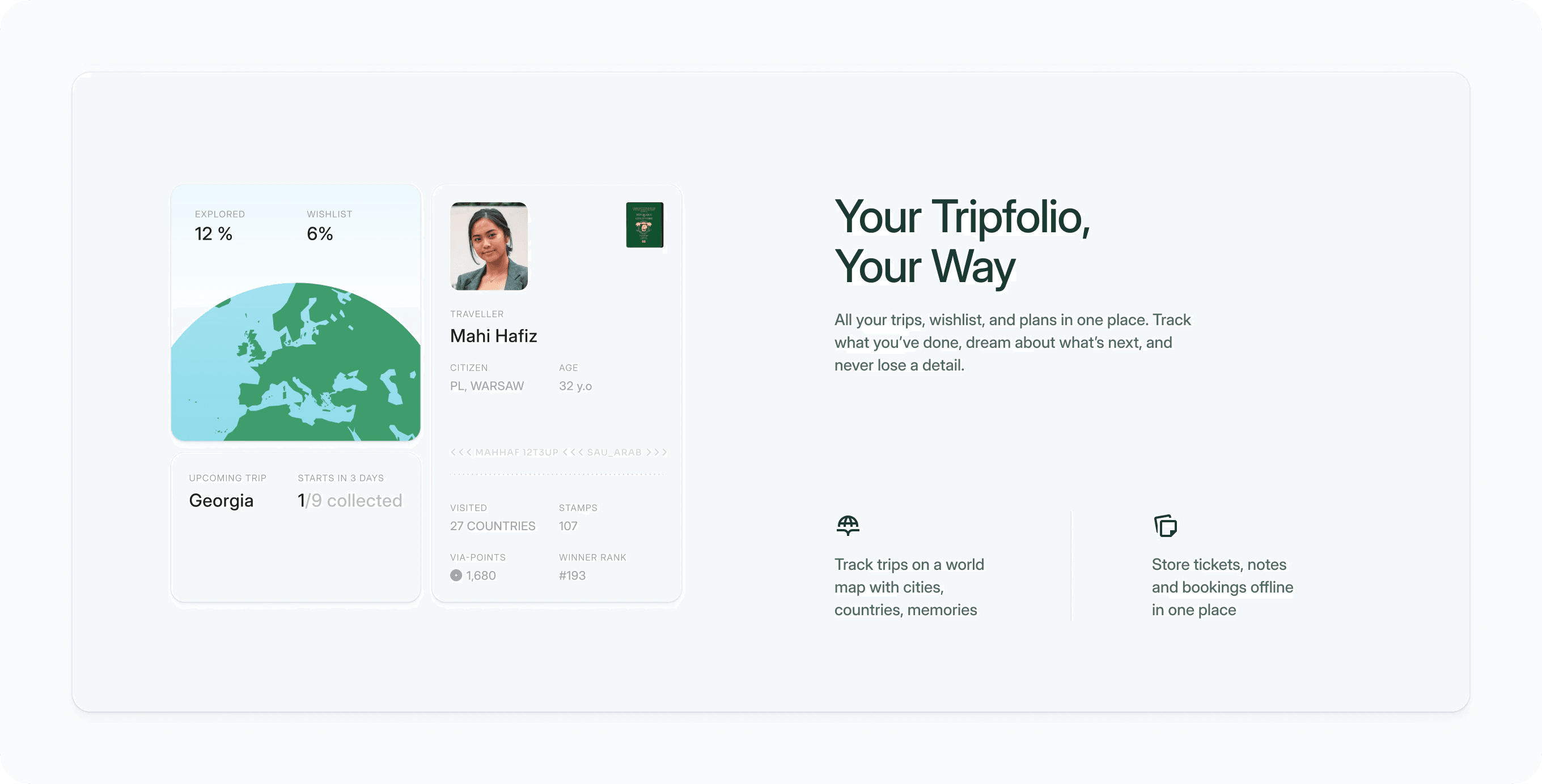 Landing page section Your Tripfolio, your way, with a world map card and a traveler passport card