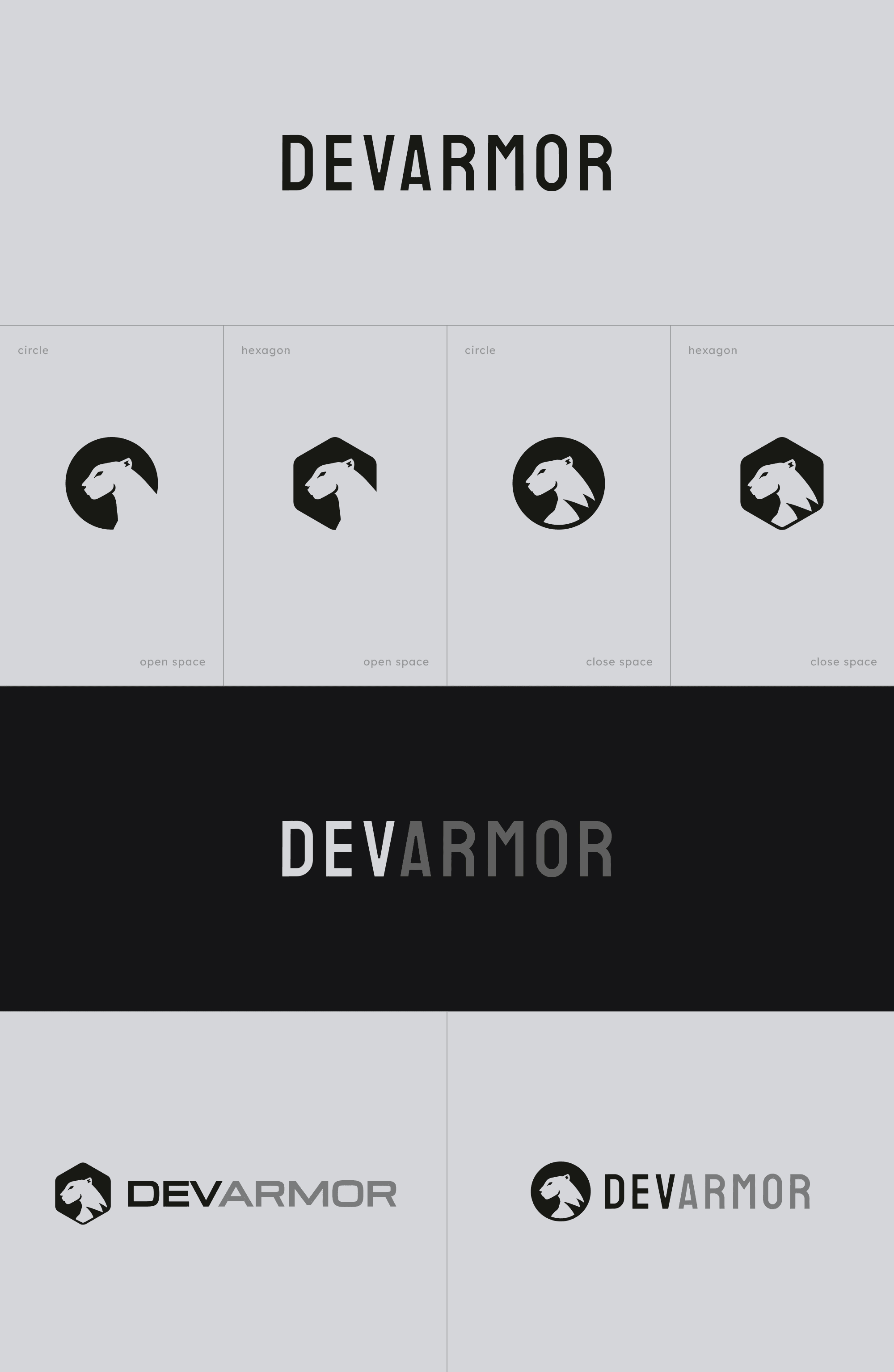 Logo round 3 studies in black and grey: the wordmark in several weights and the cheetah head in circles and hexagons