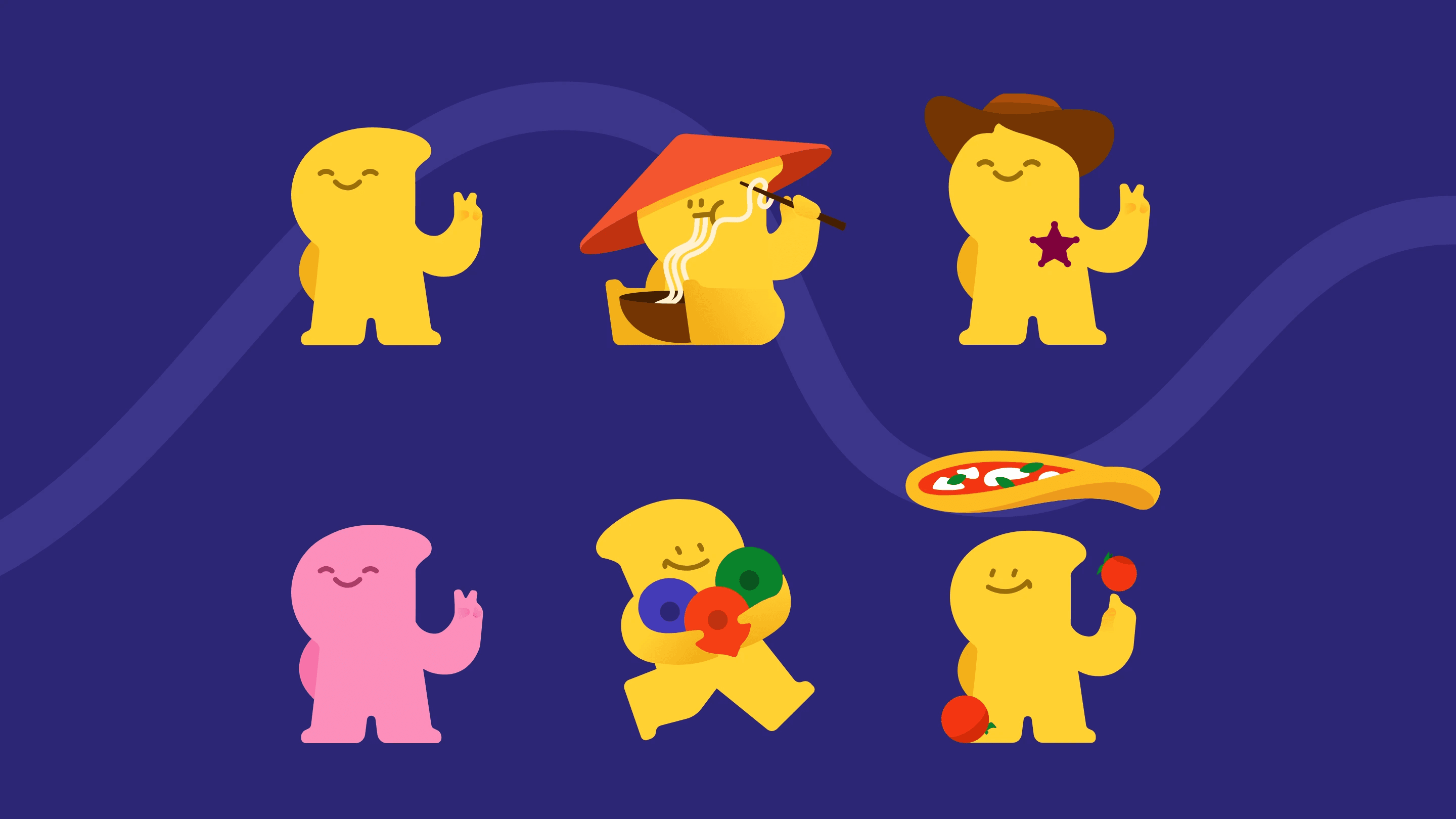 The Hint mascot cast on deep purple: six full-body poses, from the classic peace sign in yellow and pink to noodles, a cowboy hat, an armful of map pins and a flying pizza