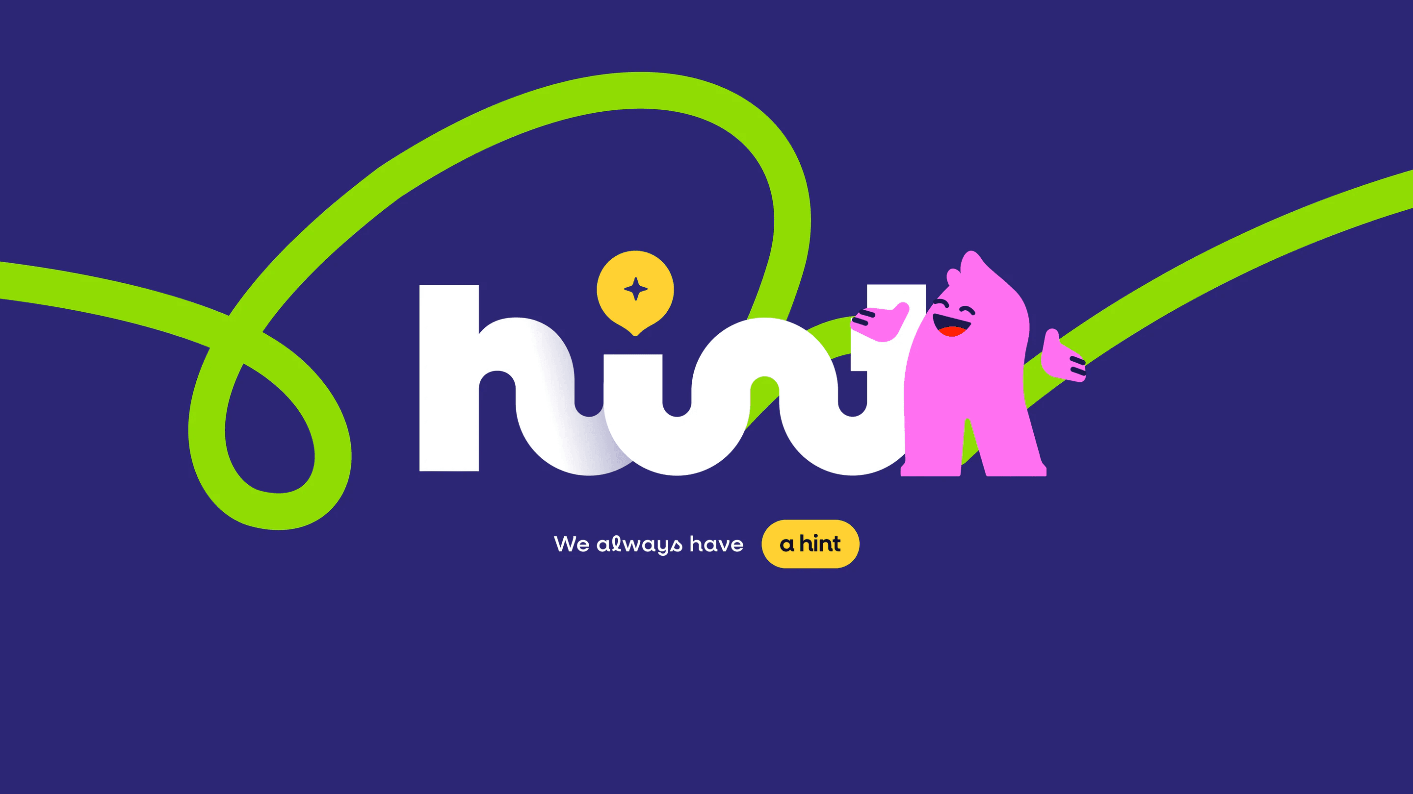 The lowercase hint wordmark on deep purple, with the pink mascot leaning on the last letter and a green line looping around it