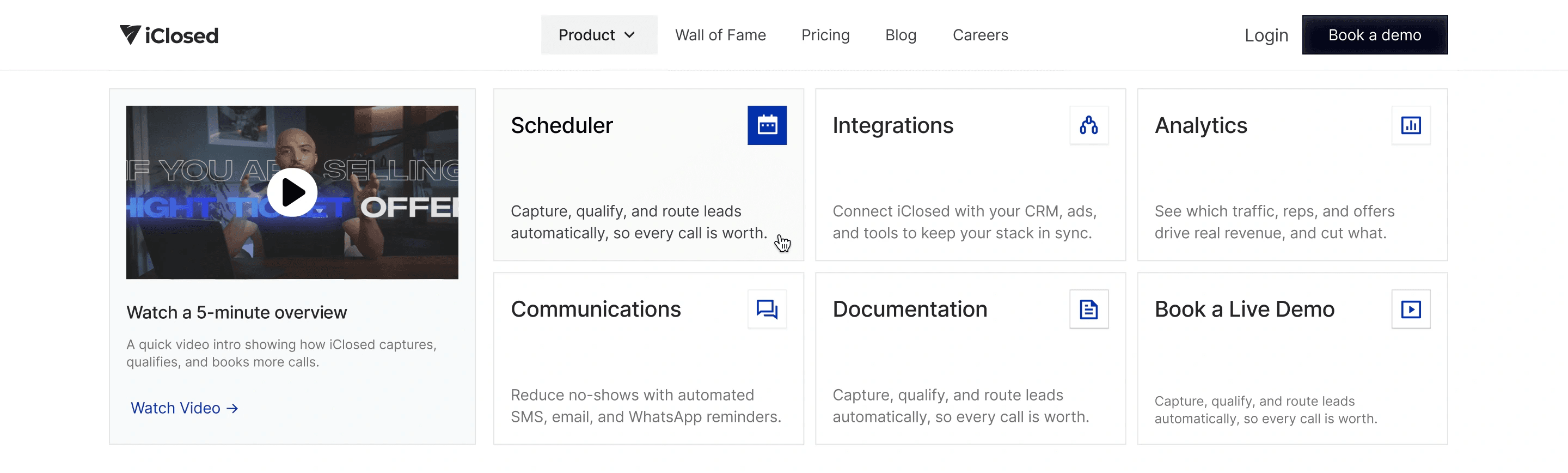 iClosed mega menu design: the Product menu open under the nav, with a five-minute video overview next to tiles for Scheduler, Integrations, Analytics, Communications, Documentation and Book a Live Demo