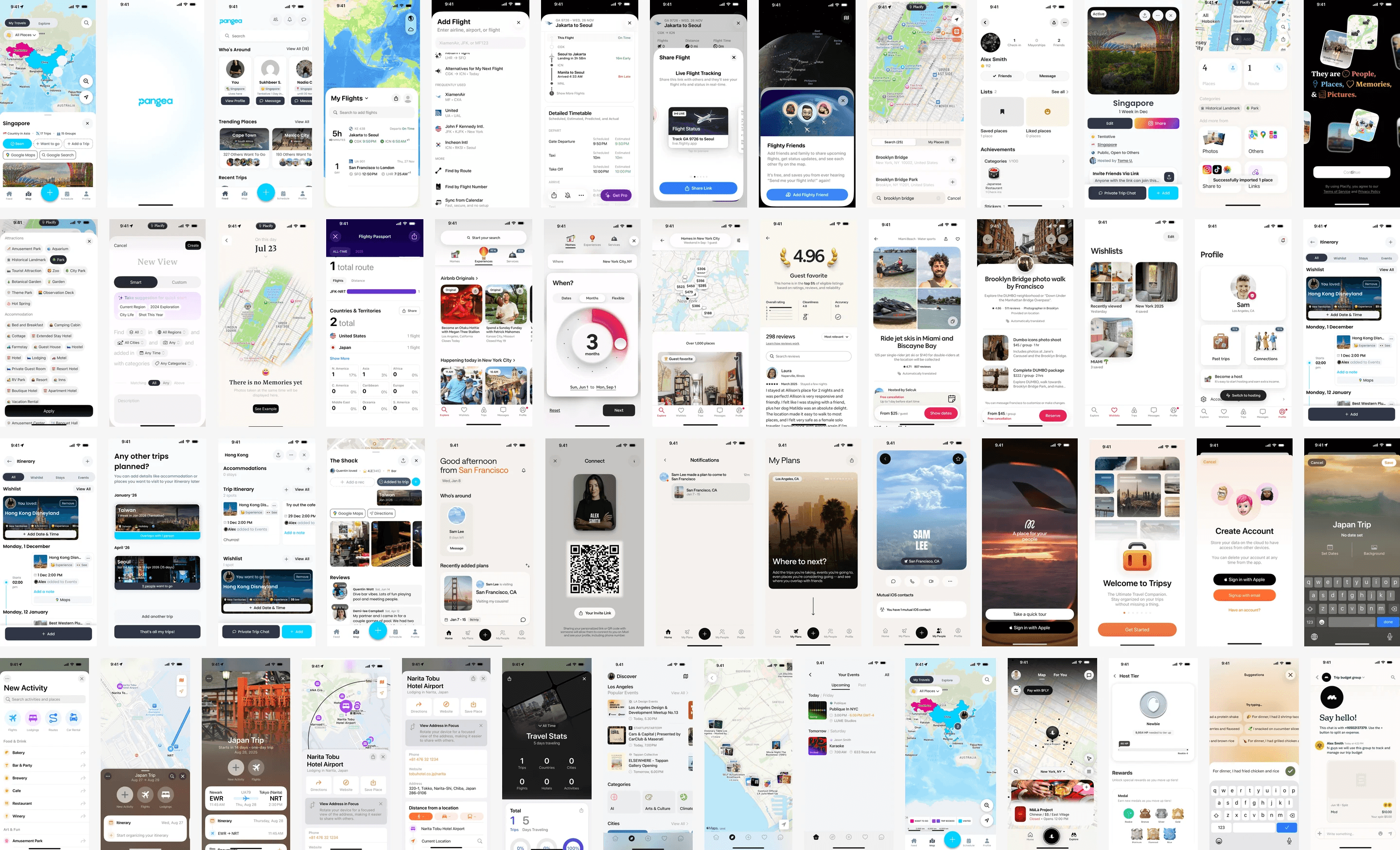 App moodboard, direction one: friendly, clean travel app screens with maps, trip cards and itineraries