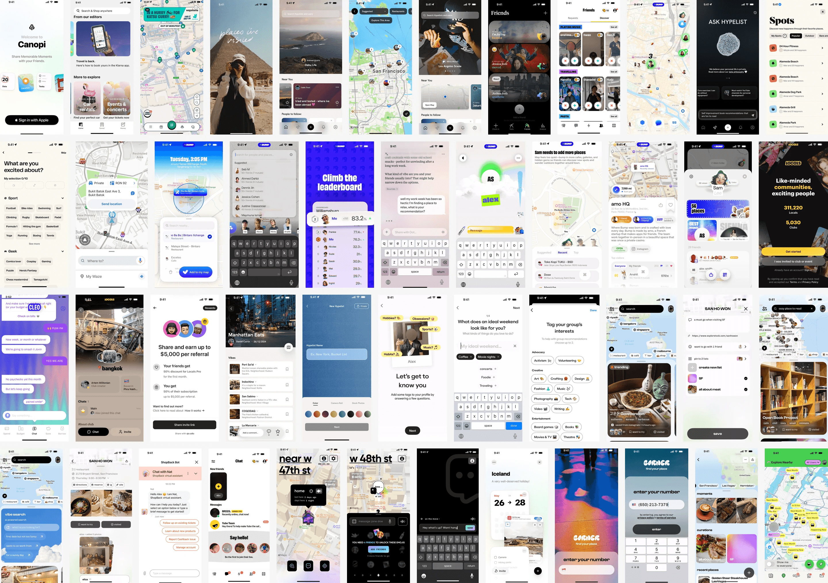 App moodboard, direction two: social, playful app screens with bold color, gradients, feeds and chat