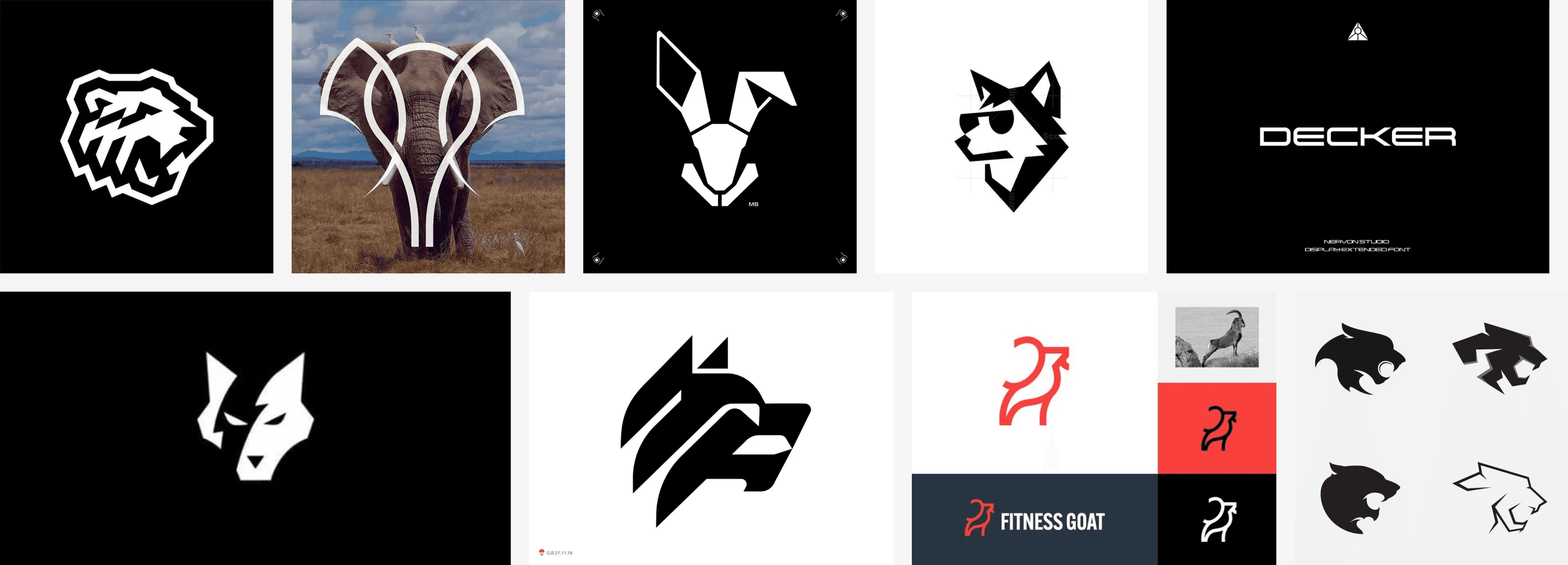Brand moodboard of reference logos: geometric animal heads in black and white, a tiger, a rabbit, a wolf, a goat and panther studies