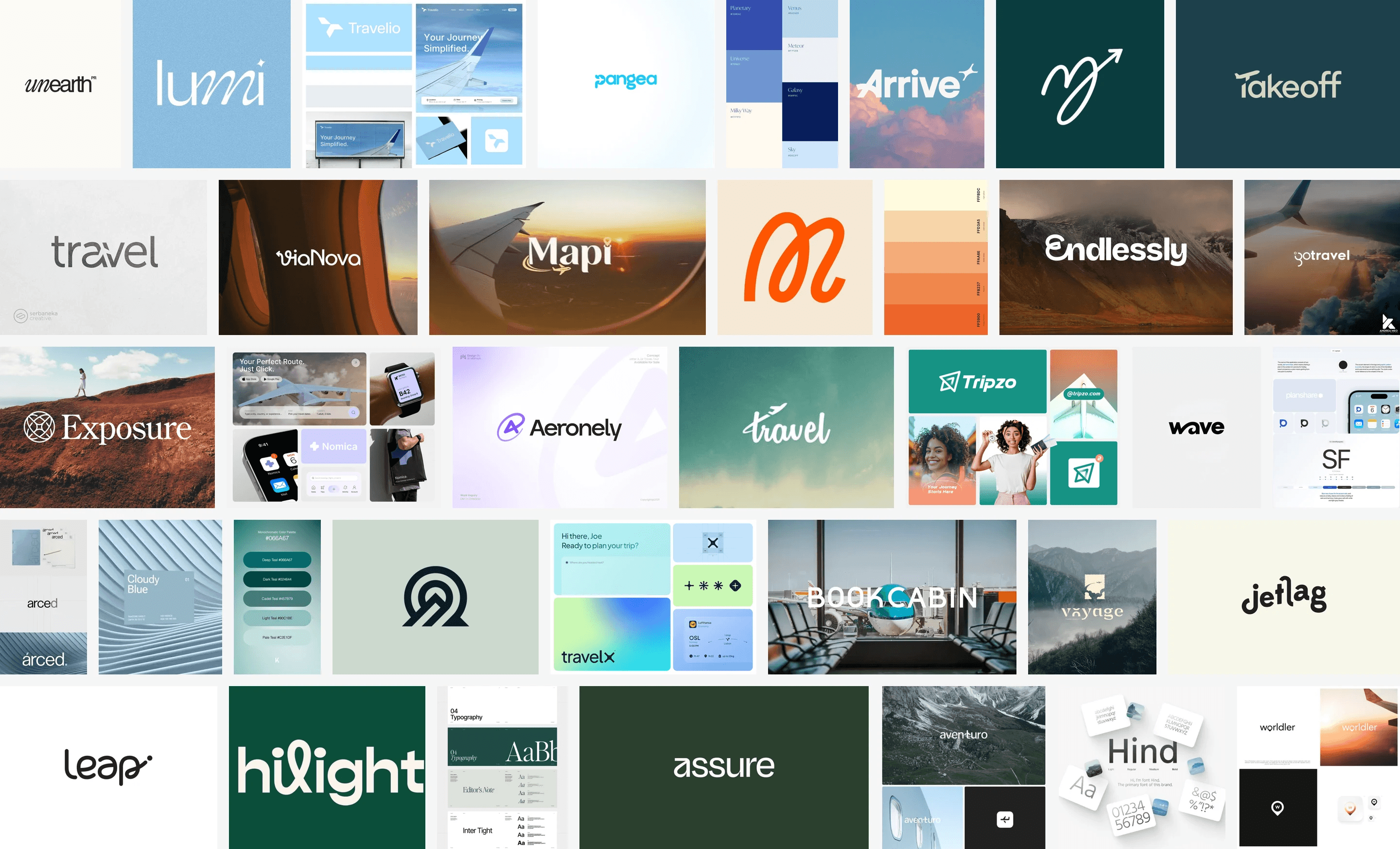 Brand moodboard, direction one: calm, wordmark-led travel brands in soft blues, greens and sunset photography
