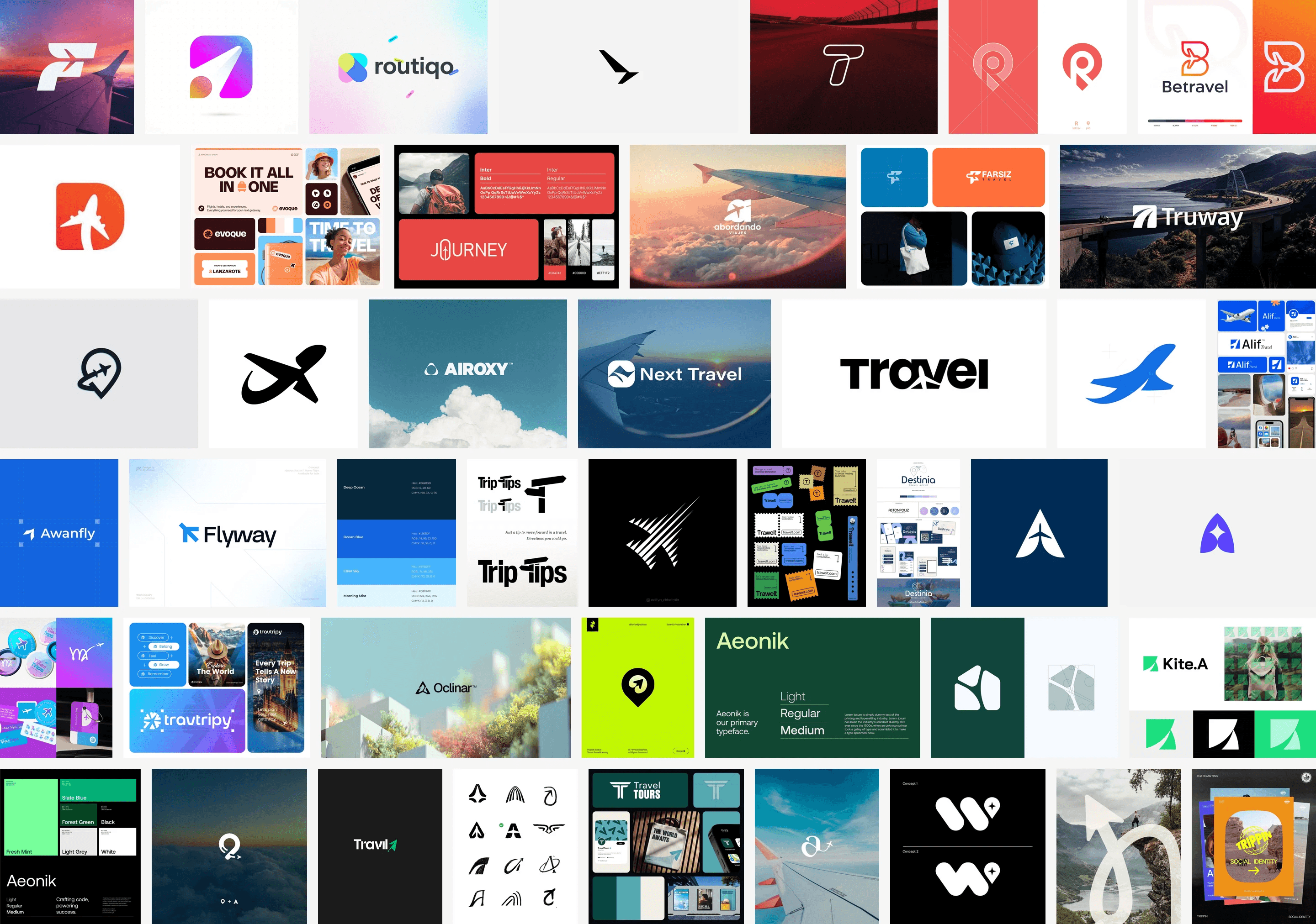 Brand moodboard, direction two: bold travel symbol marks, planes, pins and arrows in bright colors