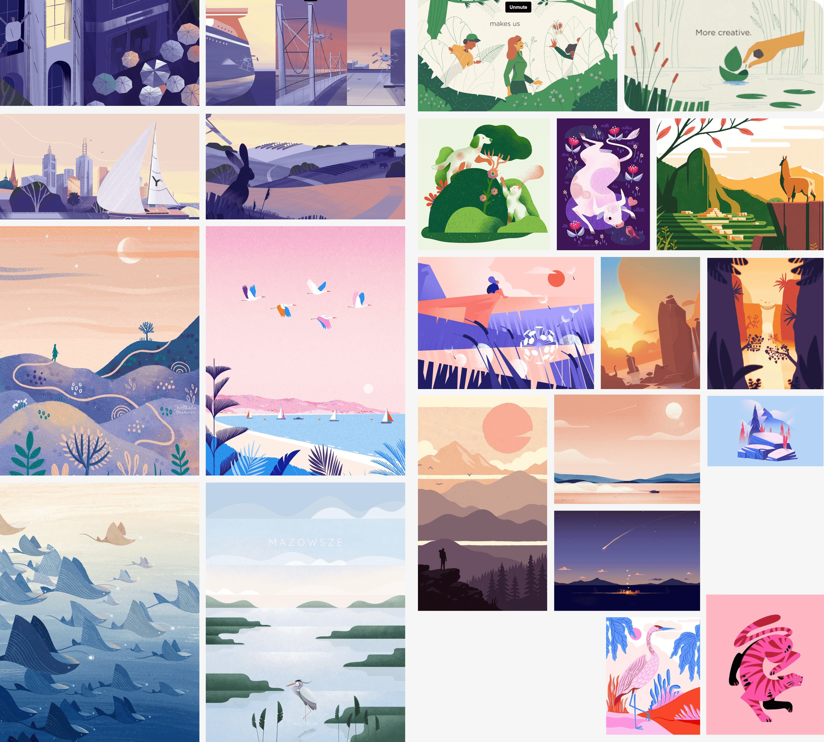 Moodboard of reference illustrations: lilac hills, a pink sky with birds, a lake with a heron, a savanna at sunset, a heron and a tiger in pink