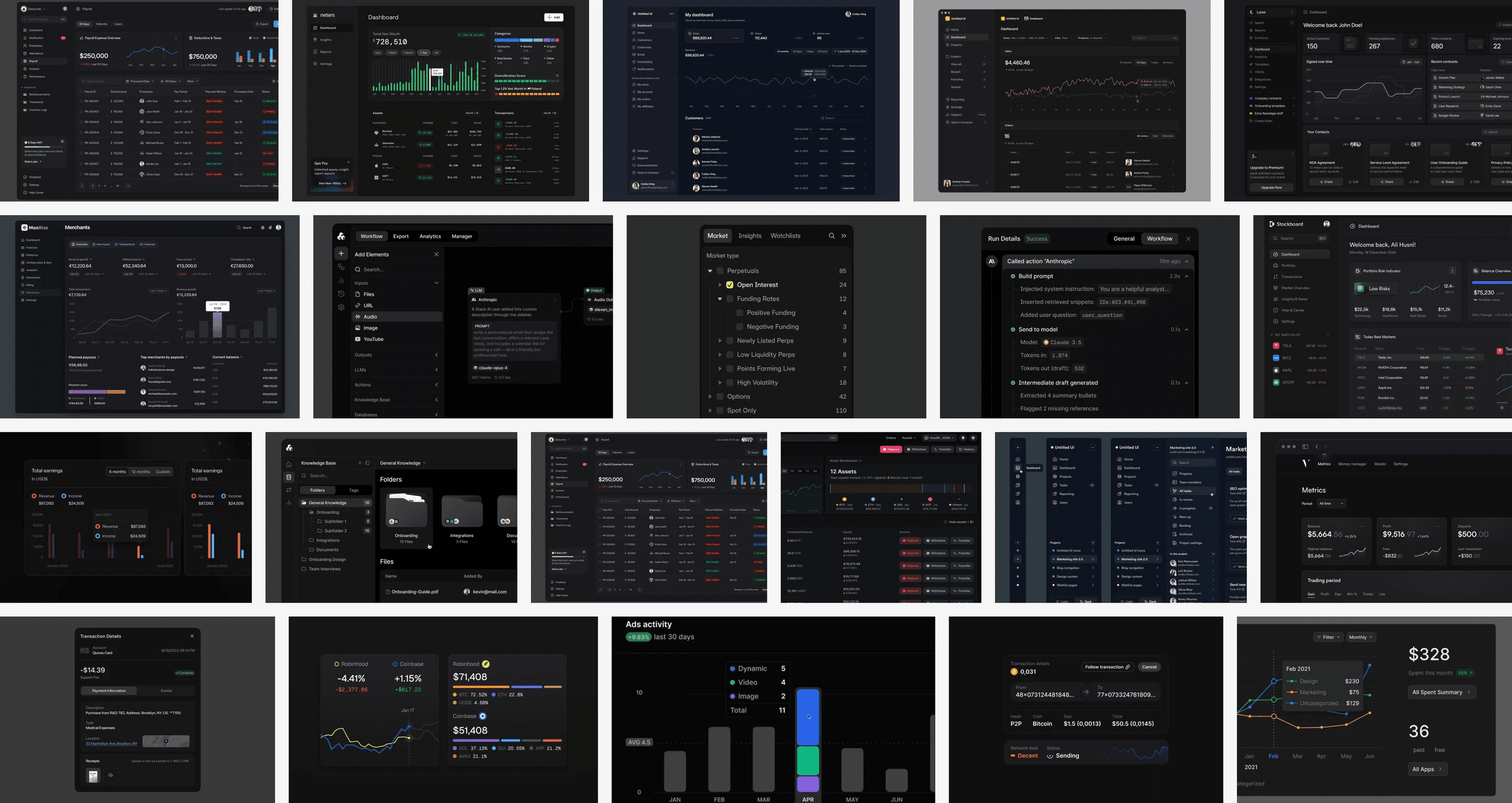 Moodboard v3, dark: dashboards with dense charts and tables from other products, collected as references