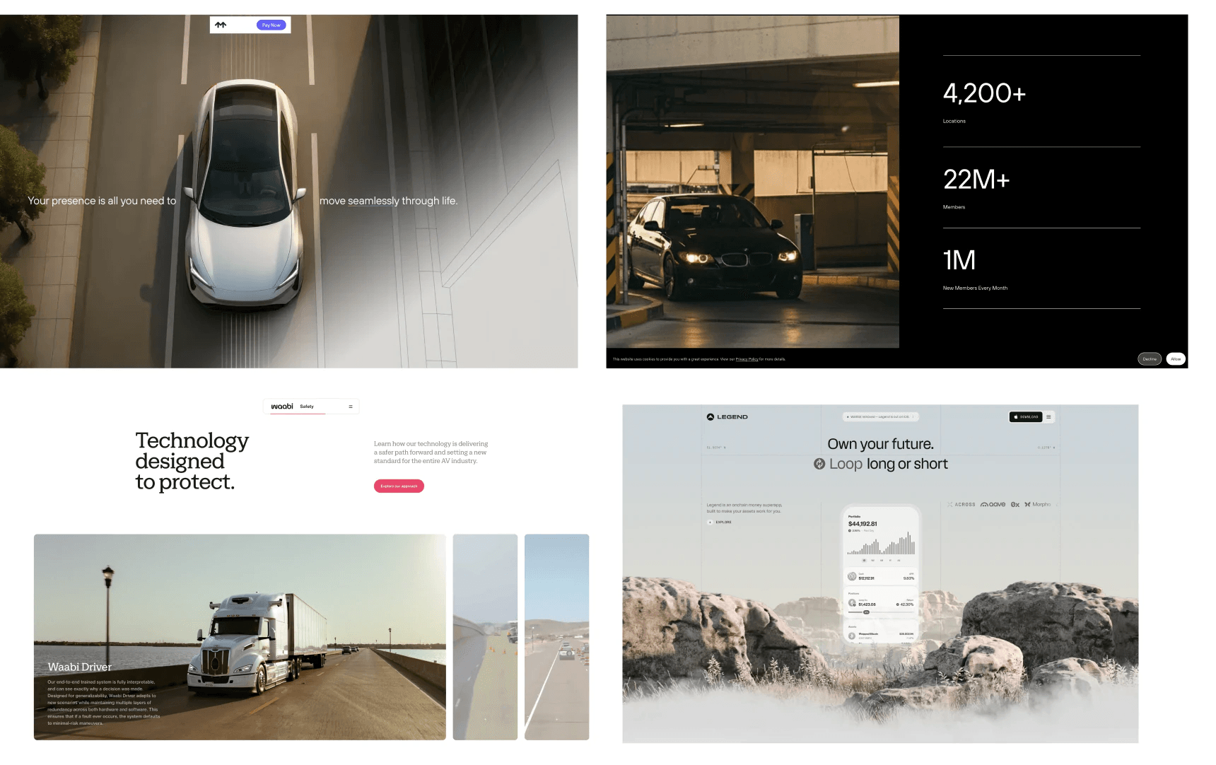 Moodboard, visionary and premium direction: reference sites with a car seen from above, a dark car park with network figures, a truck on a coastal road and a phone app over rocks