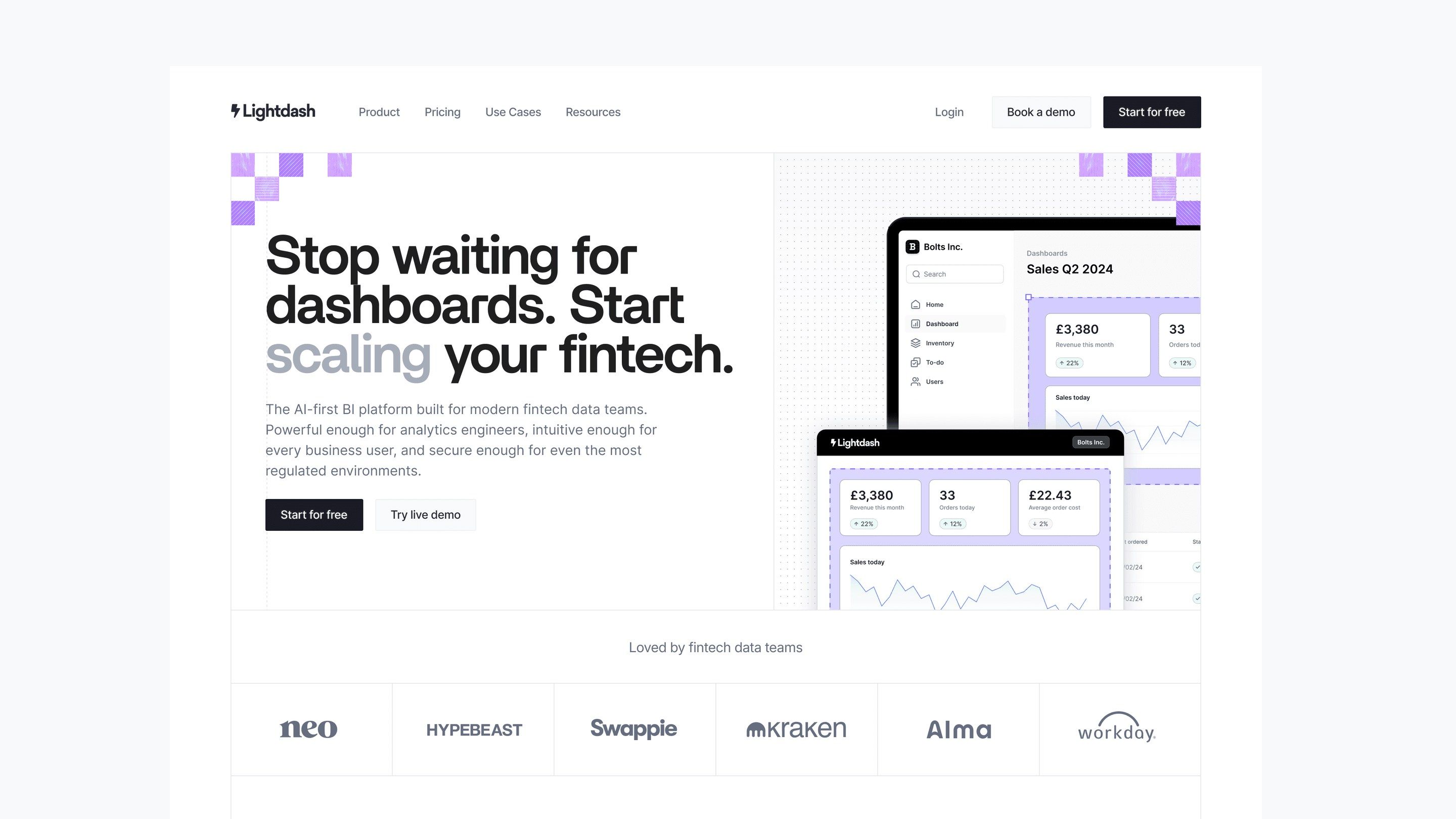 The Lightdash homepage, "Stop waiting for dashboards. Start scaling your fintech."